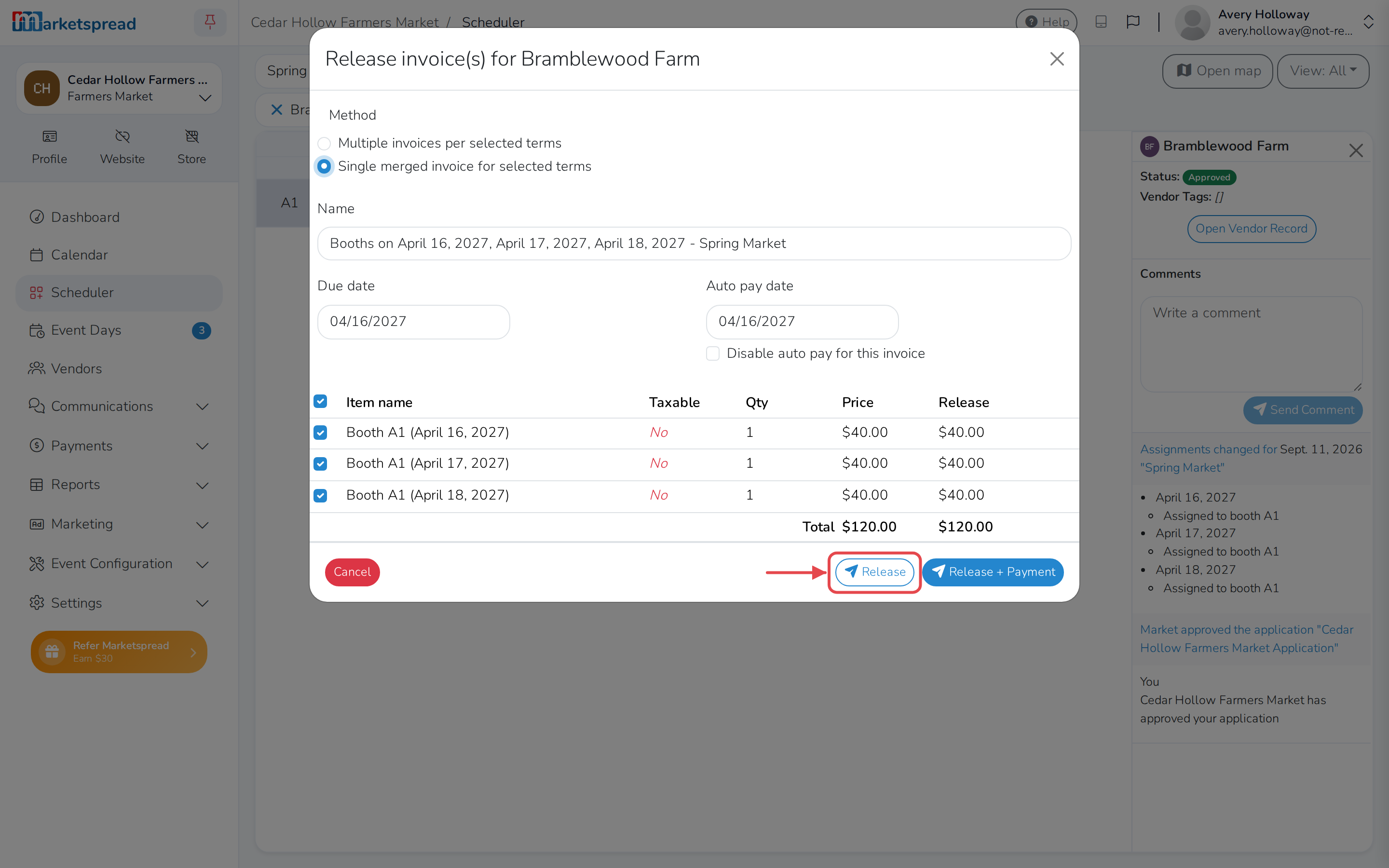 Combining the three grouped days into a single merged invoice