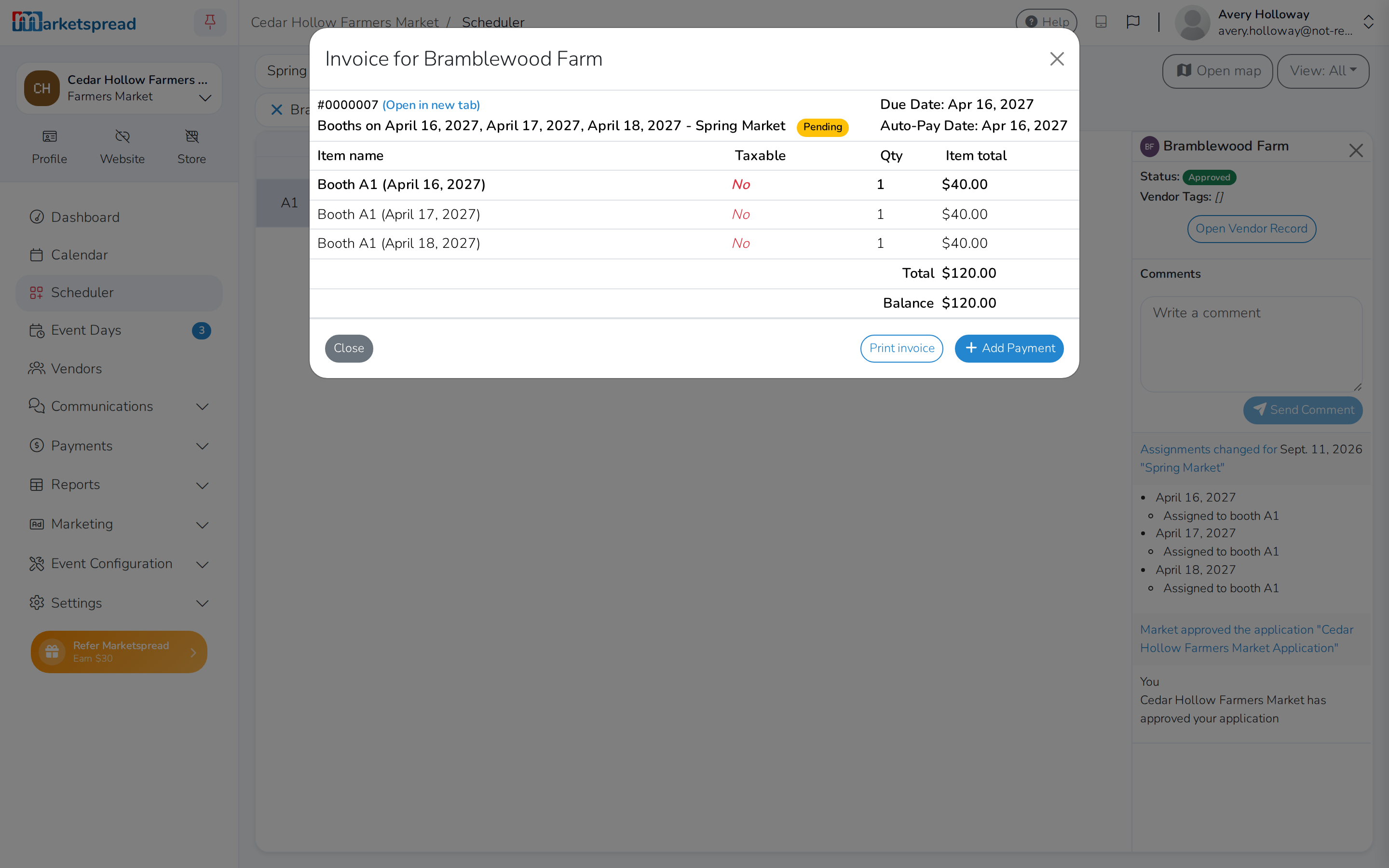 The single invoice created for all three grouped days