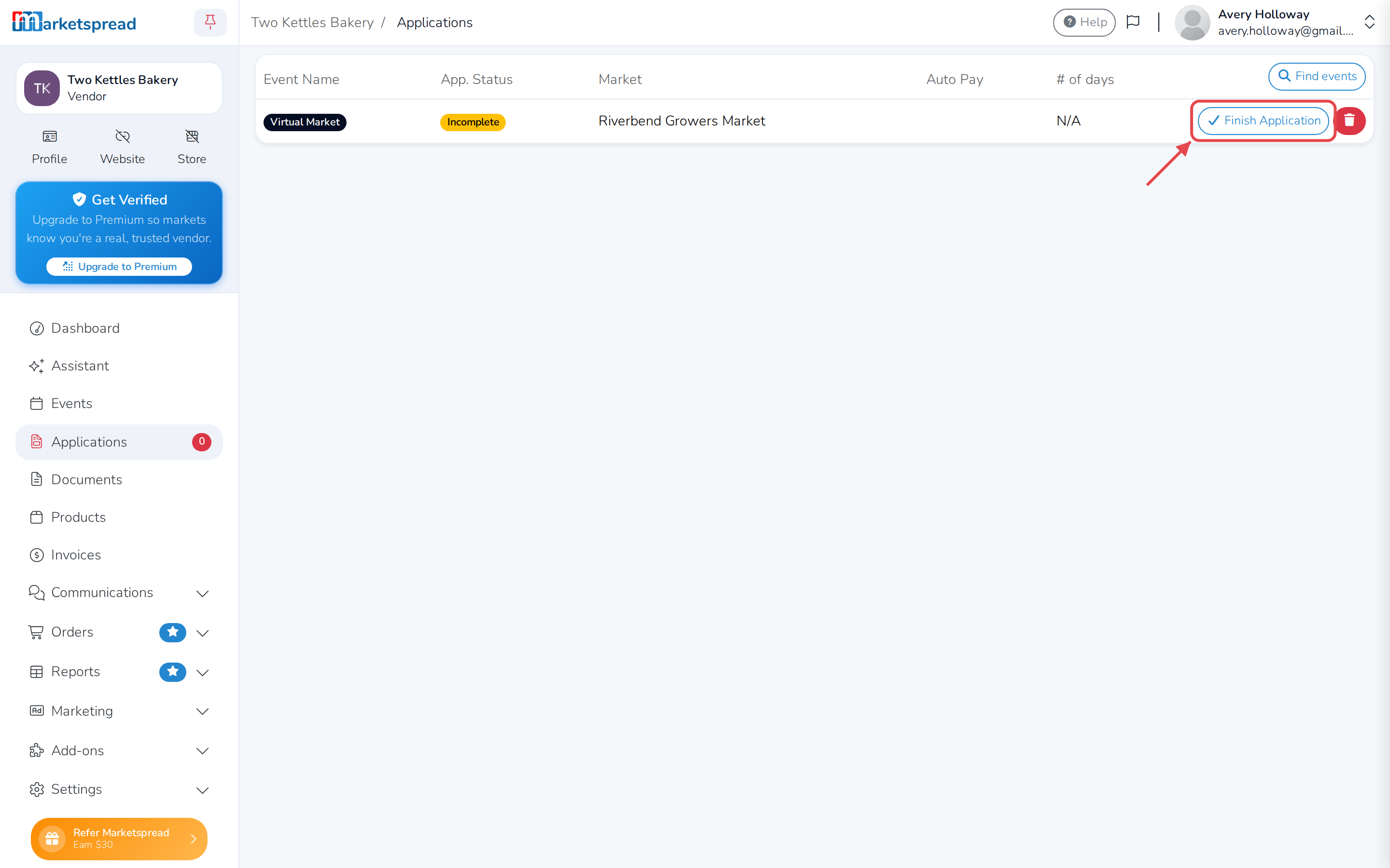 The Applications list, with the market and its Finish Application button