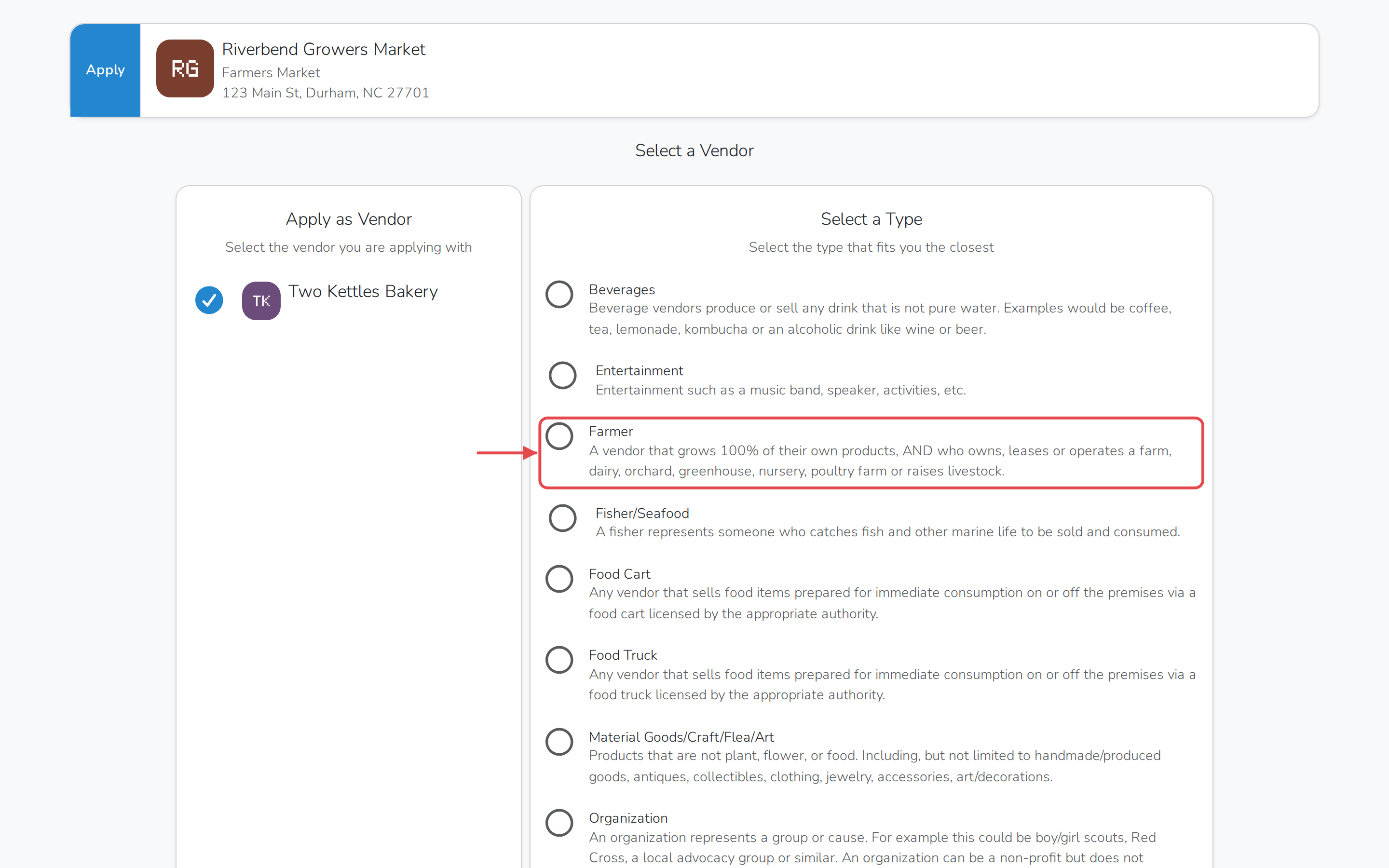 The Select a Type step, with a description under each type and Farmer as one of the choices