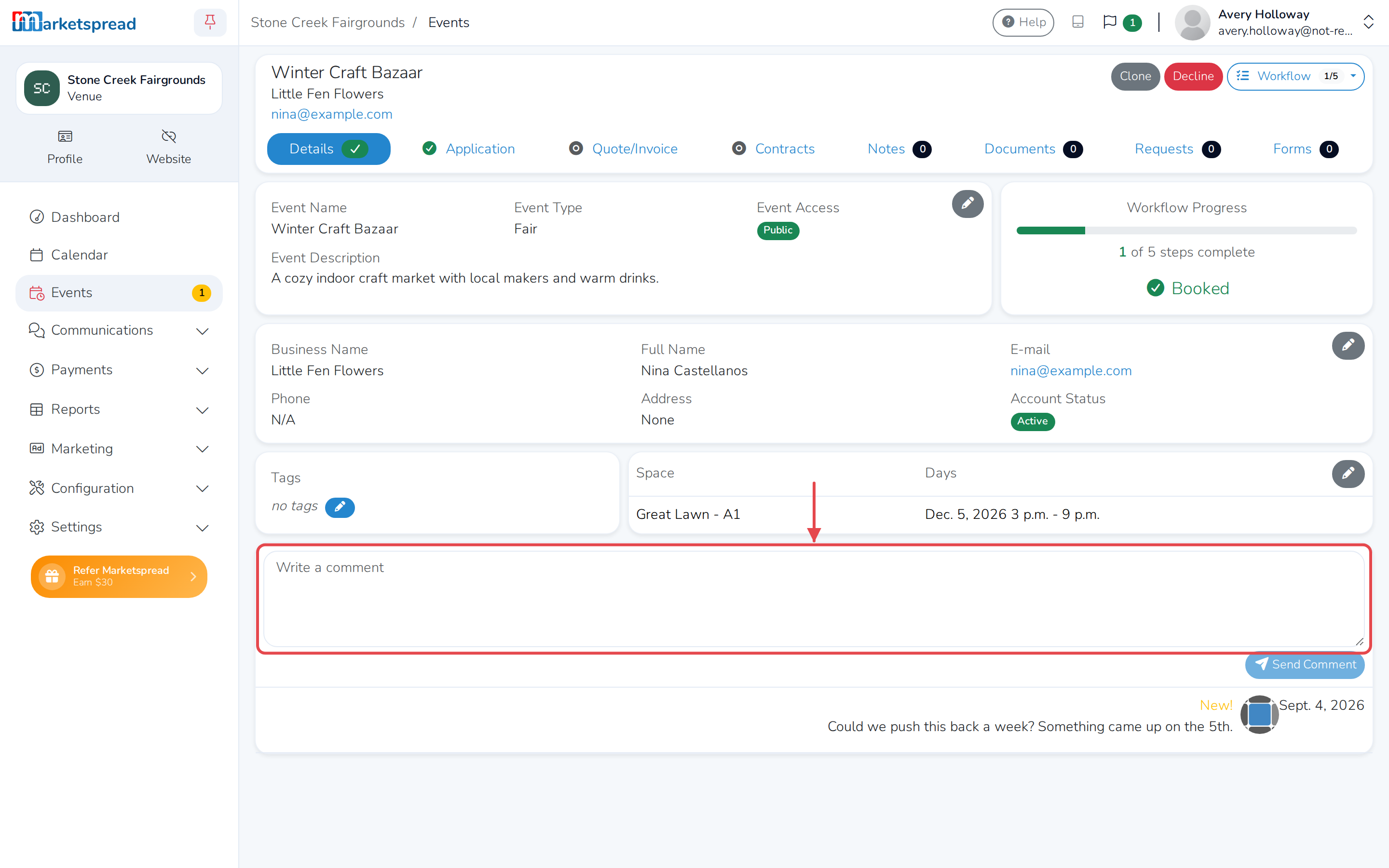 The Details tab, with the customer's comment and the reply box below it