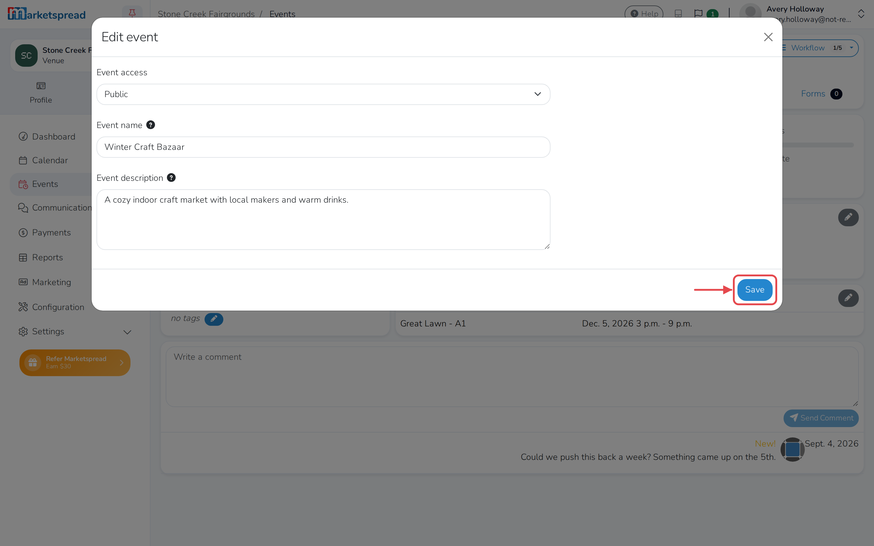 The Edit event form, for changing the event's name, type, access or description