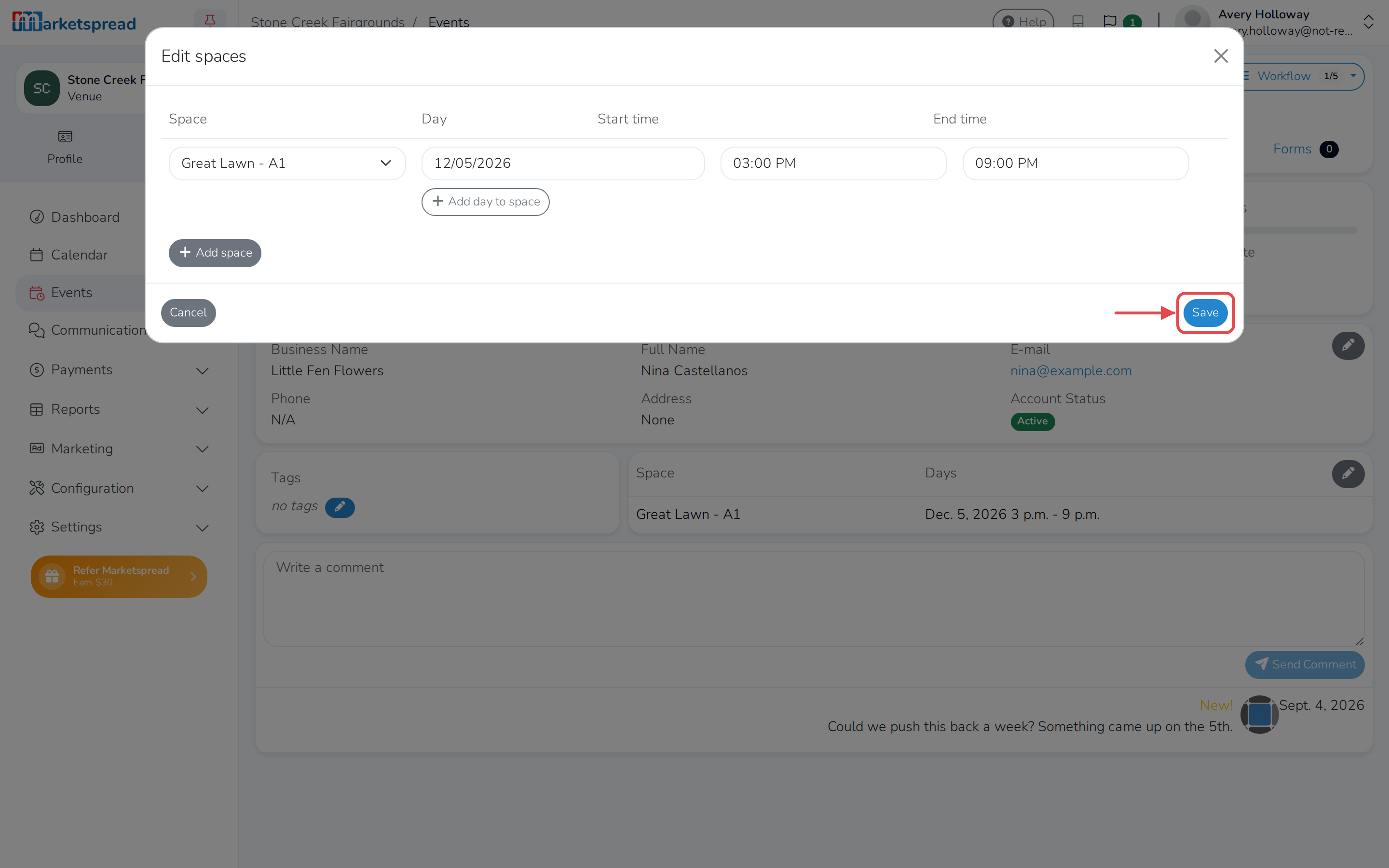 The Edit spaces form, for changing the day, time or space of the booking
