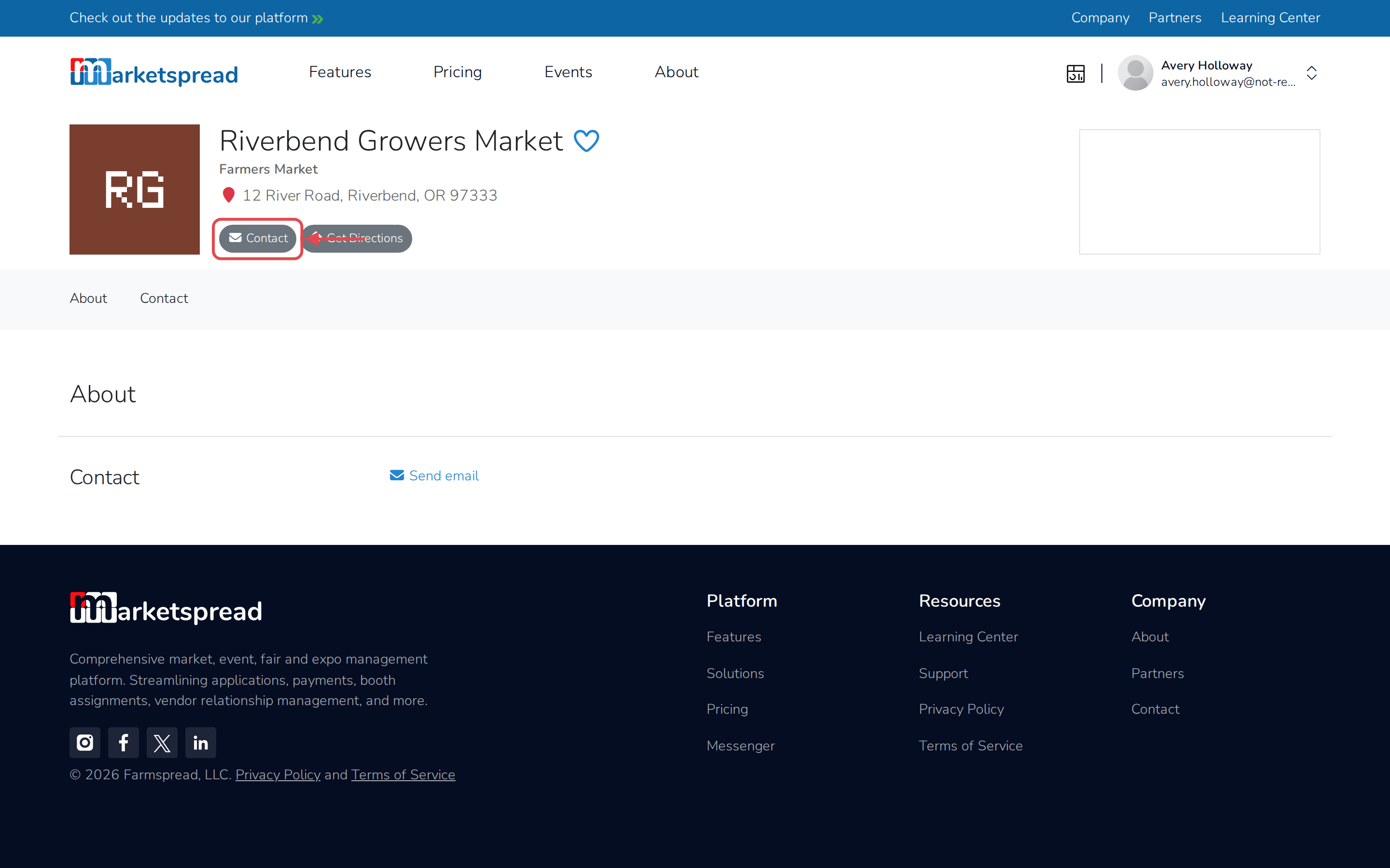 The market's profile page, with the Contact button below its name