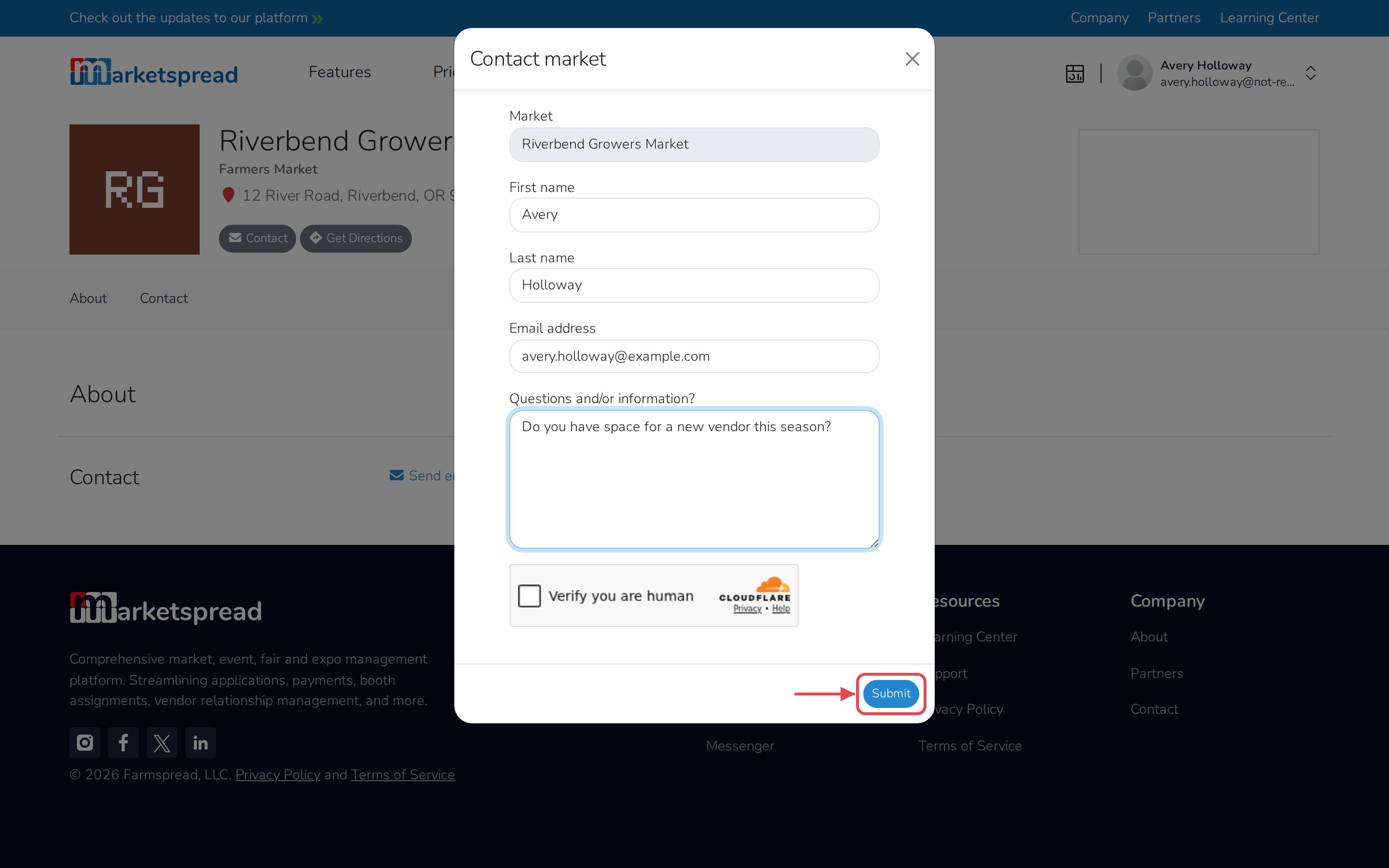 The contact form, filled in and ready to submit
