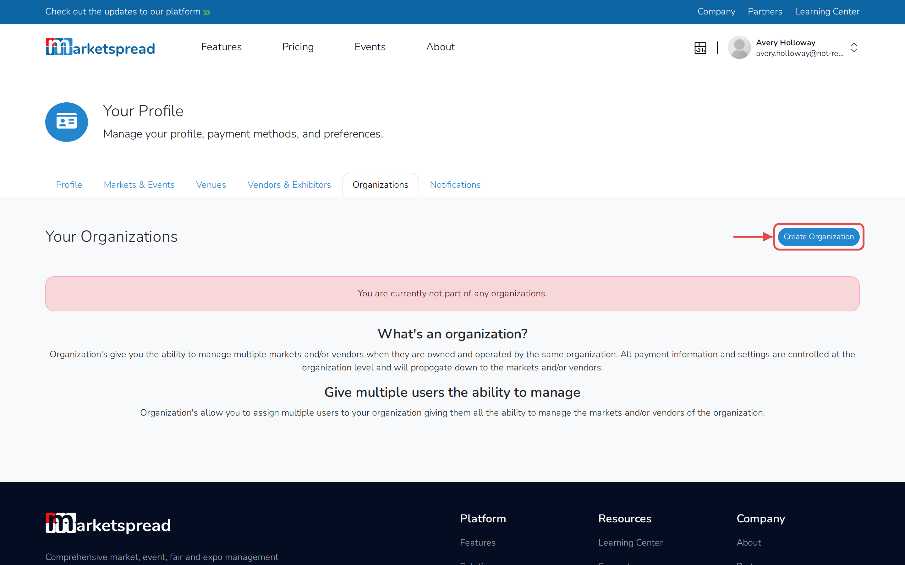 The Organizations tab on your profile, with the Create Organization button