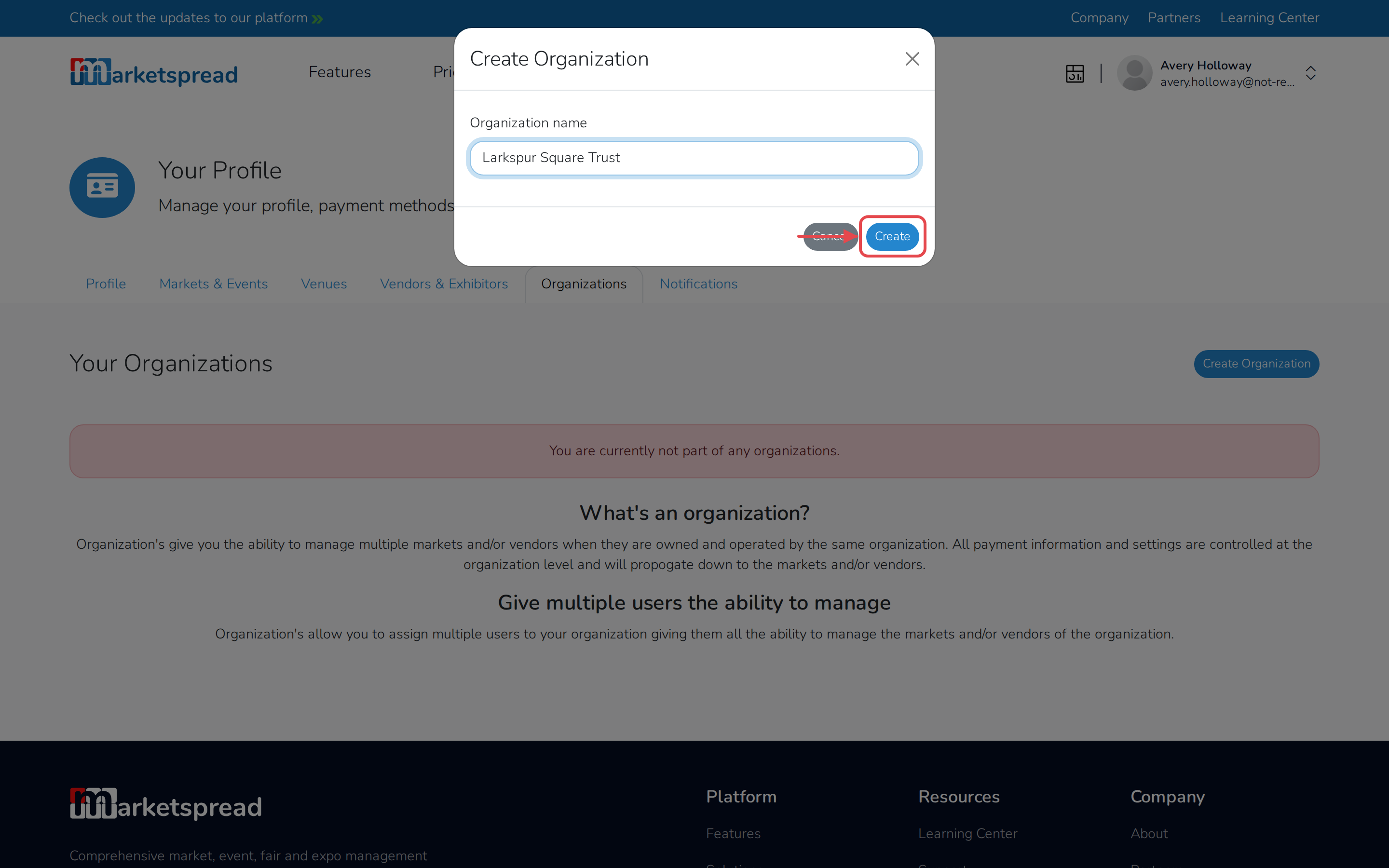 The Create Organization form, with the name filled in and the Create button