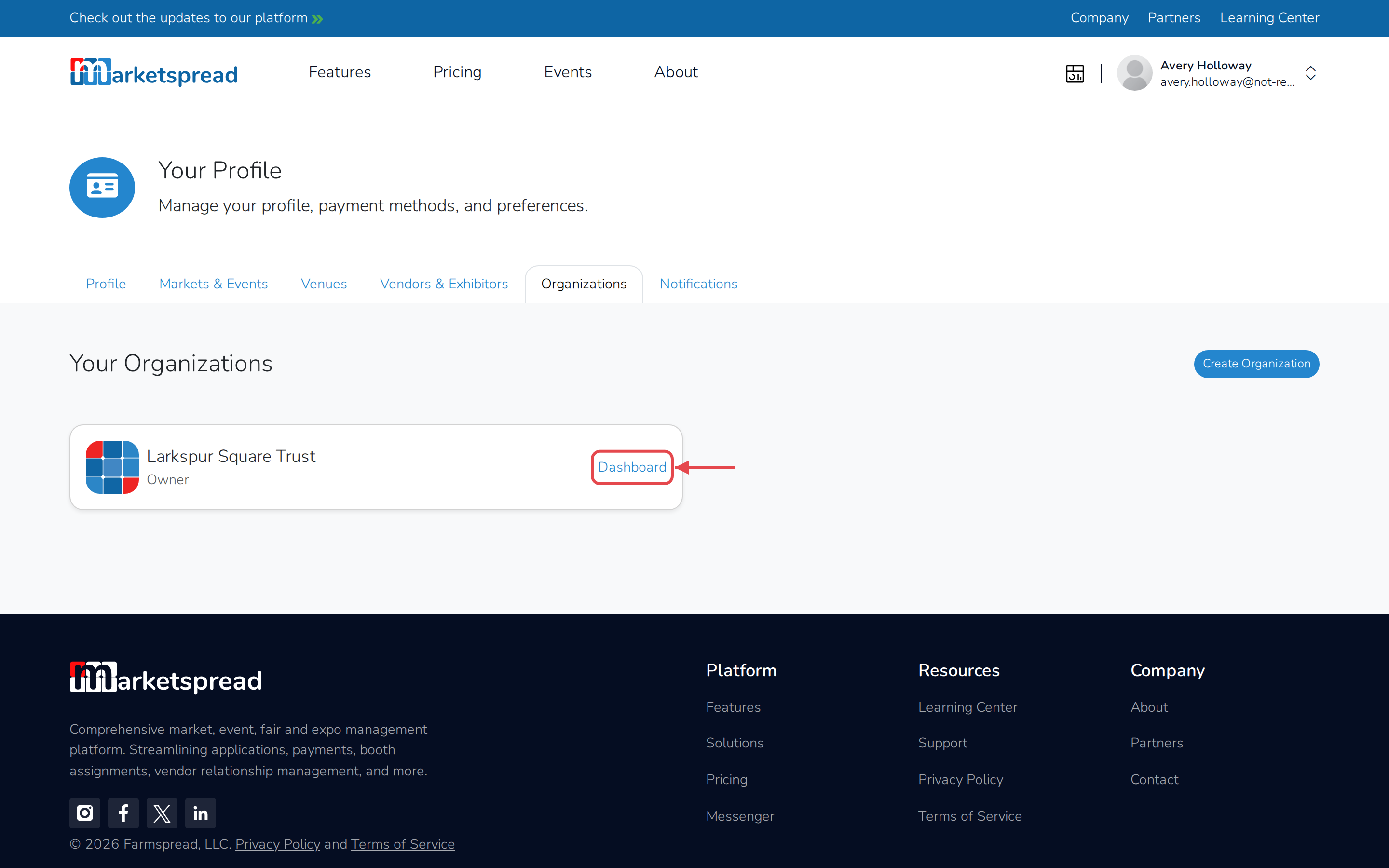 The new organization in the Organizations list, with its Dashboard link