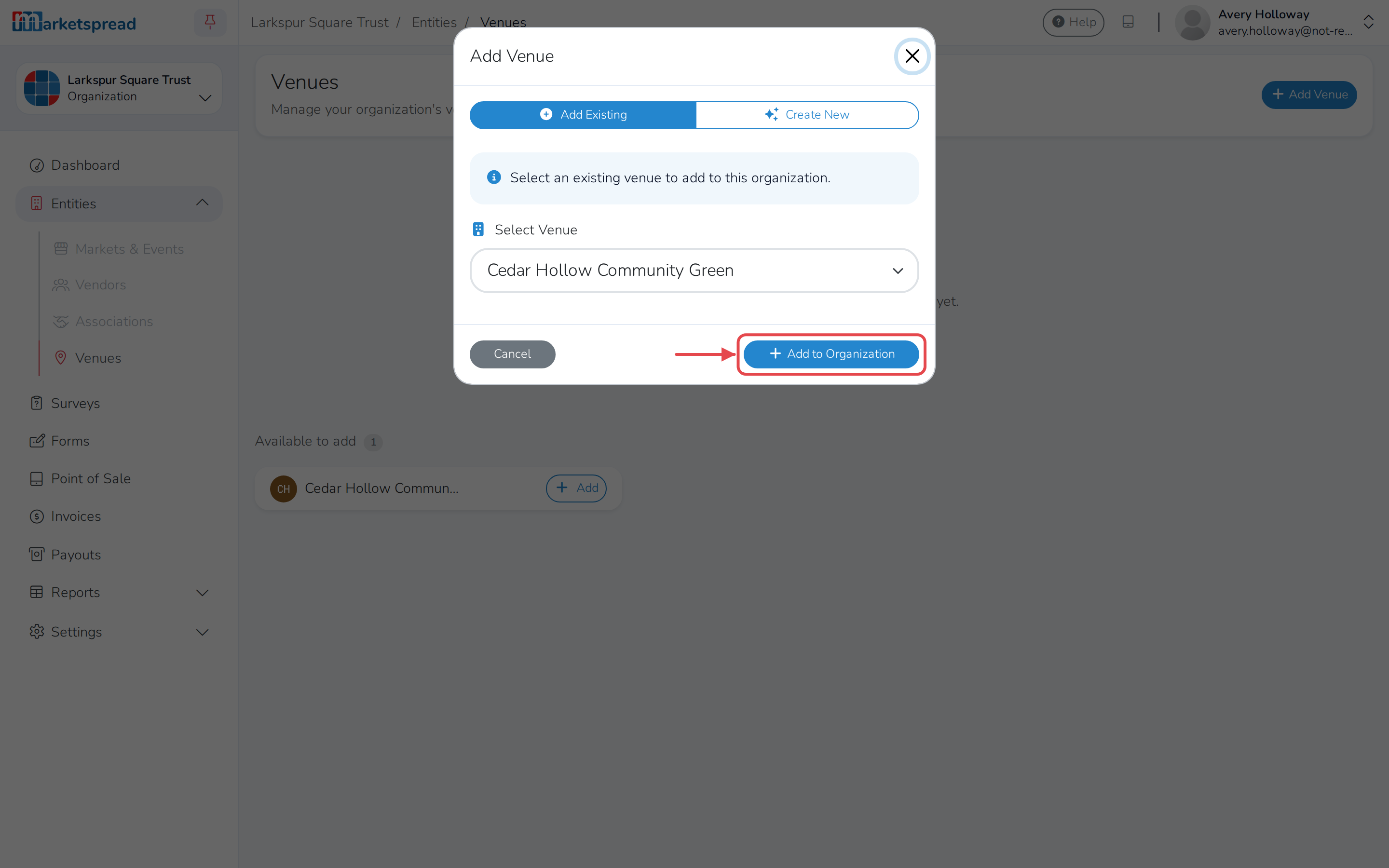 The Add Venue modal, with Add Existing selected, the venue chosen and the Add to Organization button