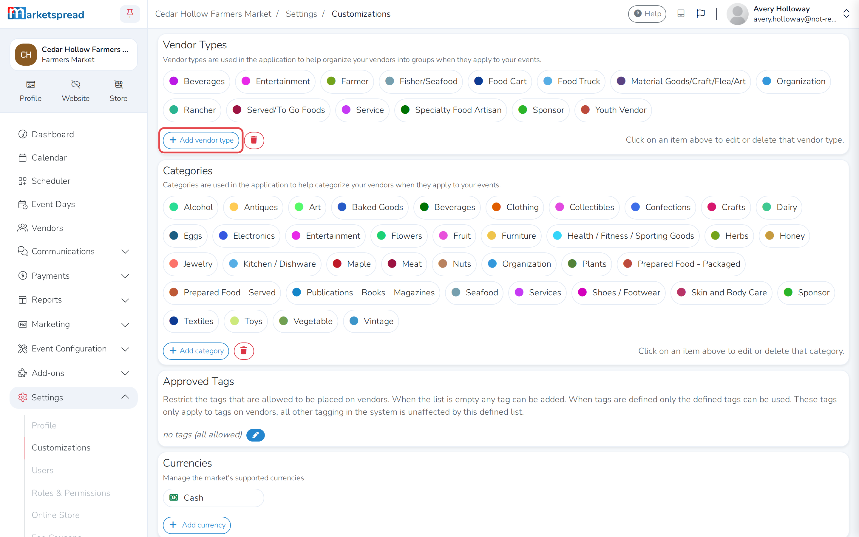 Settings, then Customizations, with Add vendor type under Vendor Types