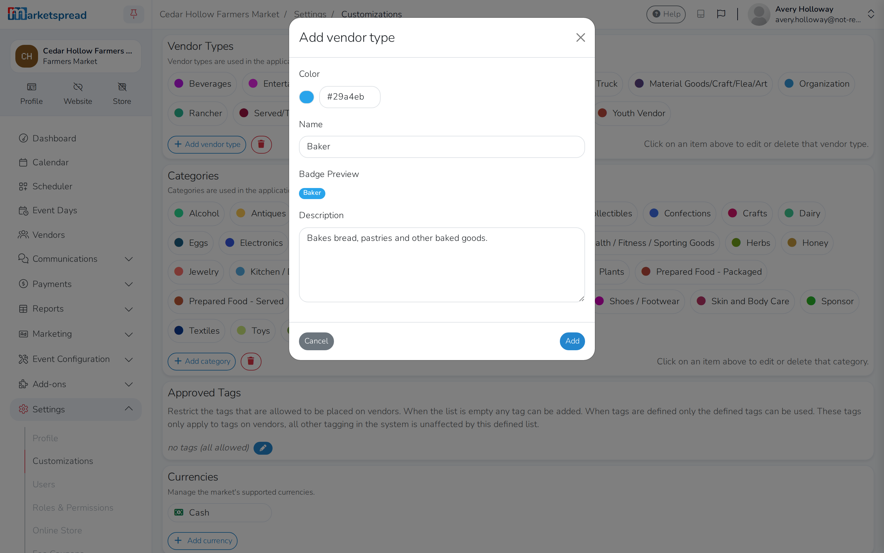 The Add vendor type form, with Color, Name and Description