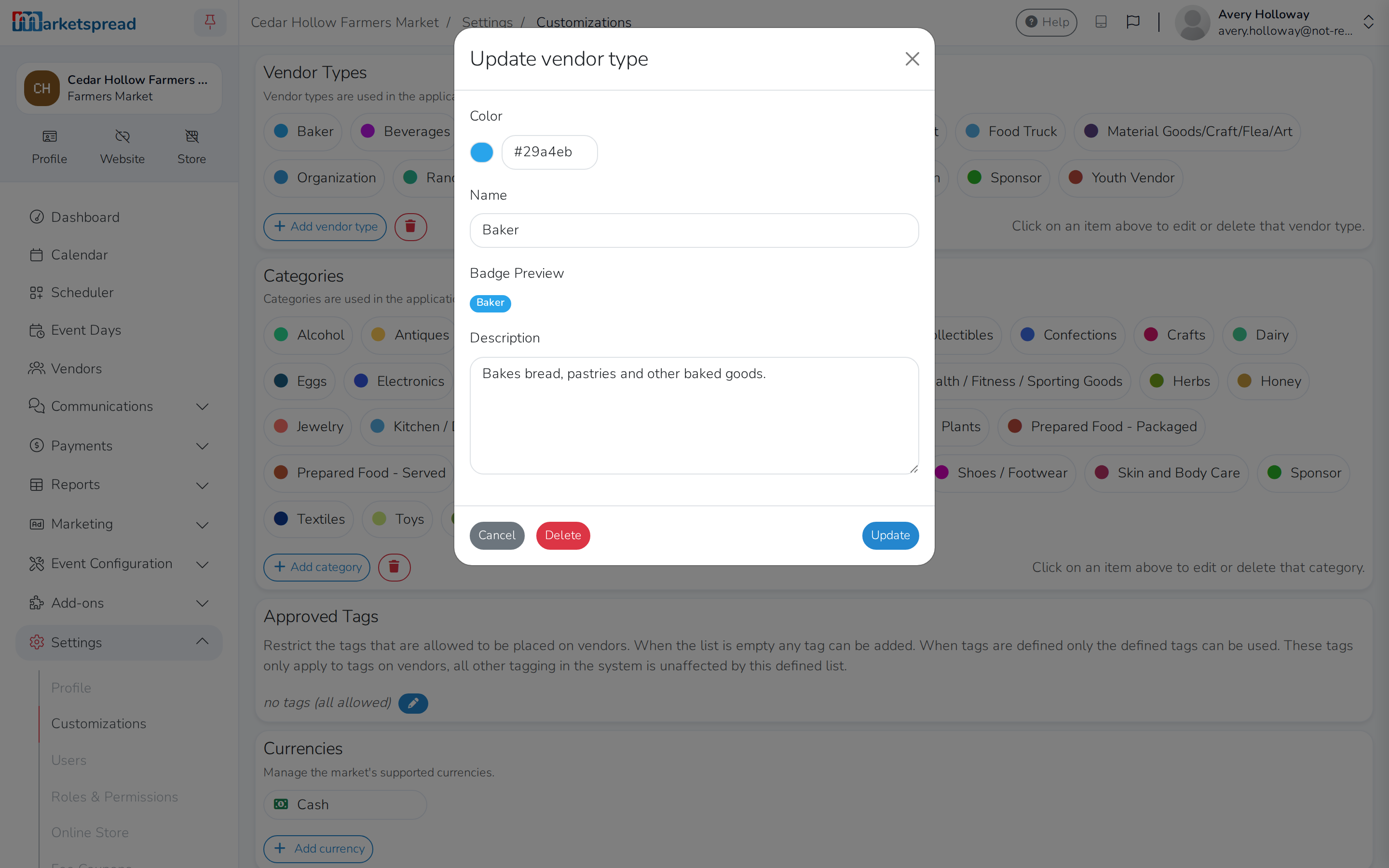 The Update vendor type form, with Baker’s Color, Name and Description