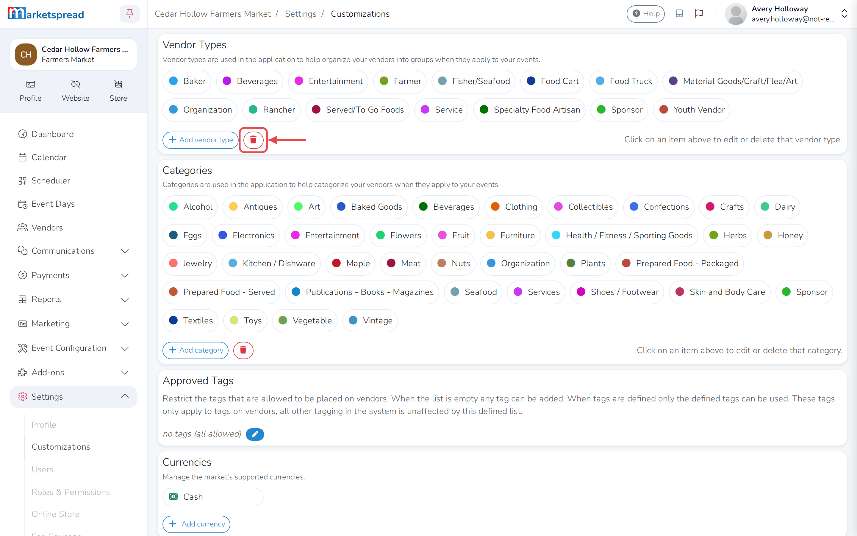 The trash icon, to remove several vendor types at once
