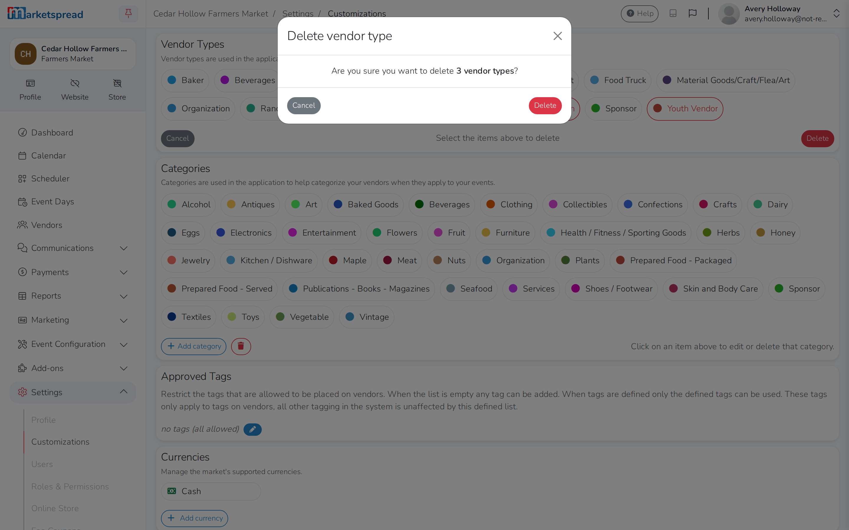 Confirming removal of the three selected vendor types