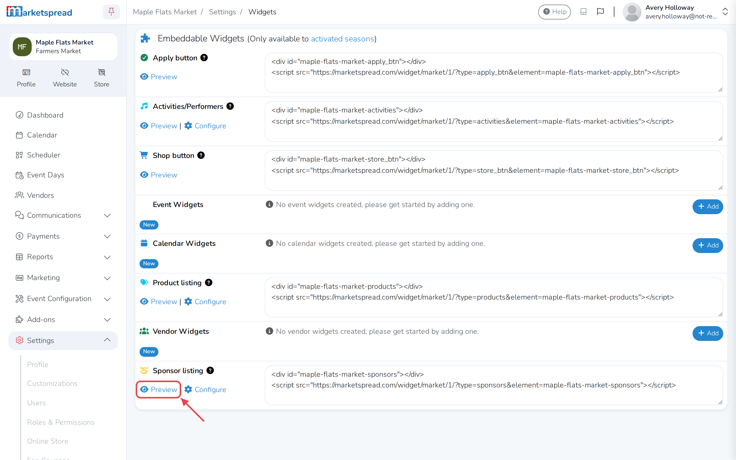 The Widgets page, with Preview next to Sponsor listing