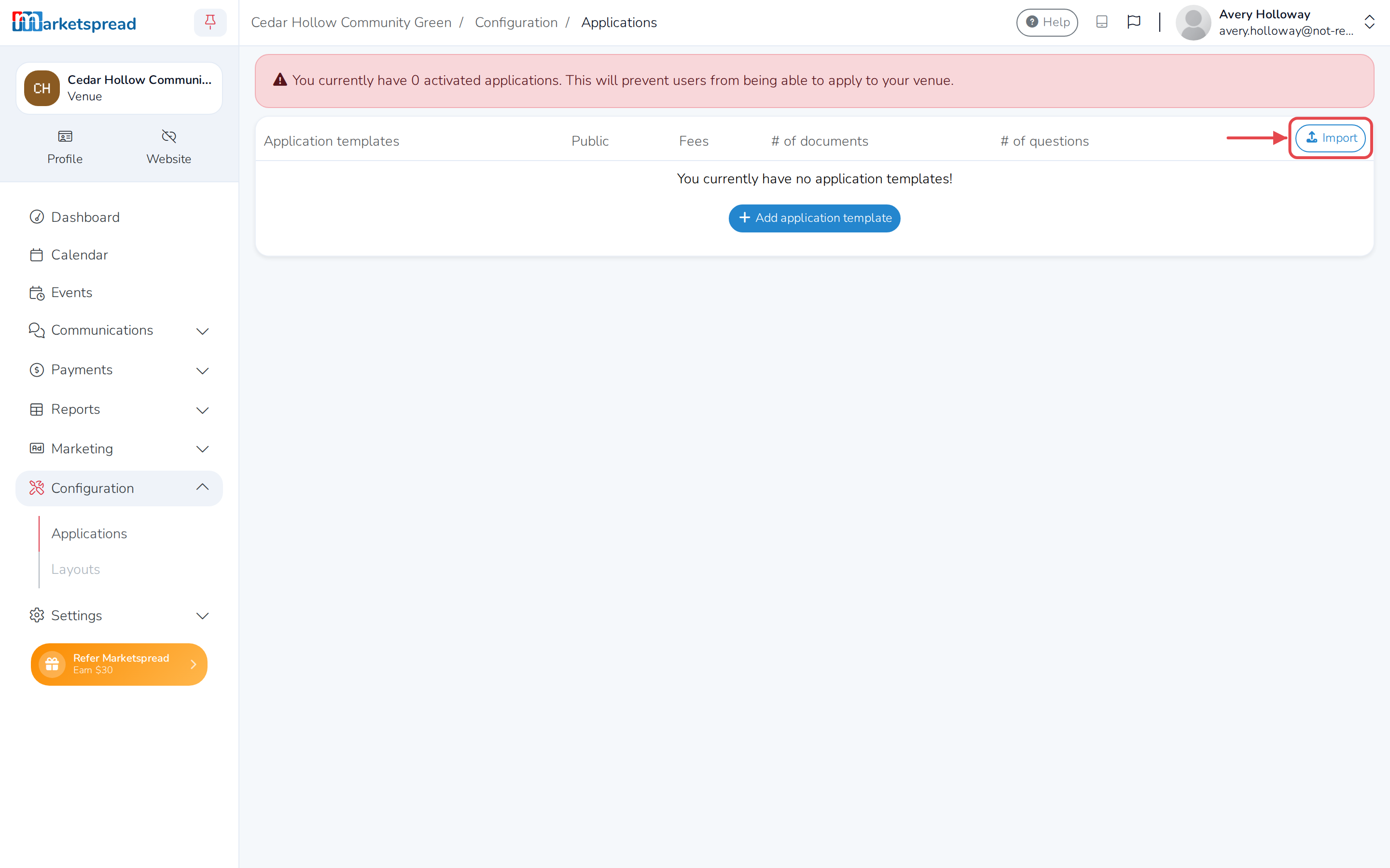 The Applications page, with Import above the Application templates list