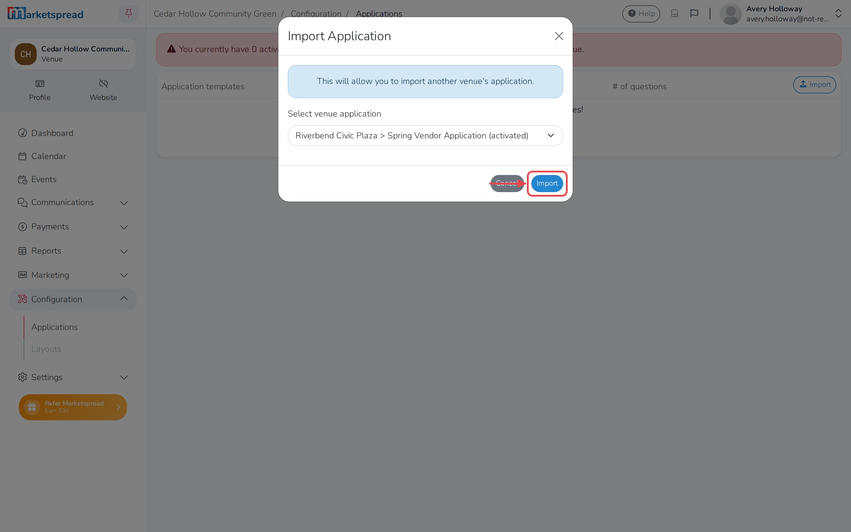 The Import Application dialog, with the other venue's application chosen