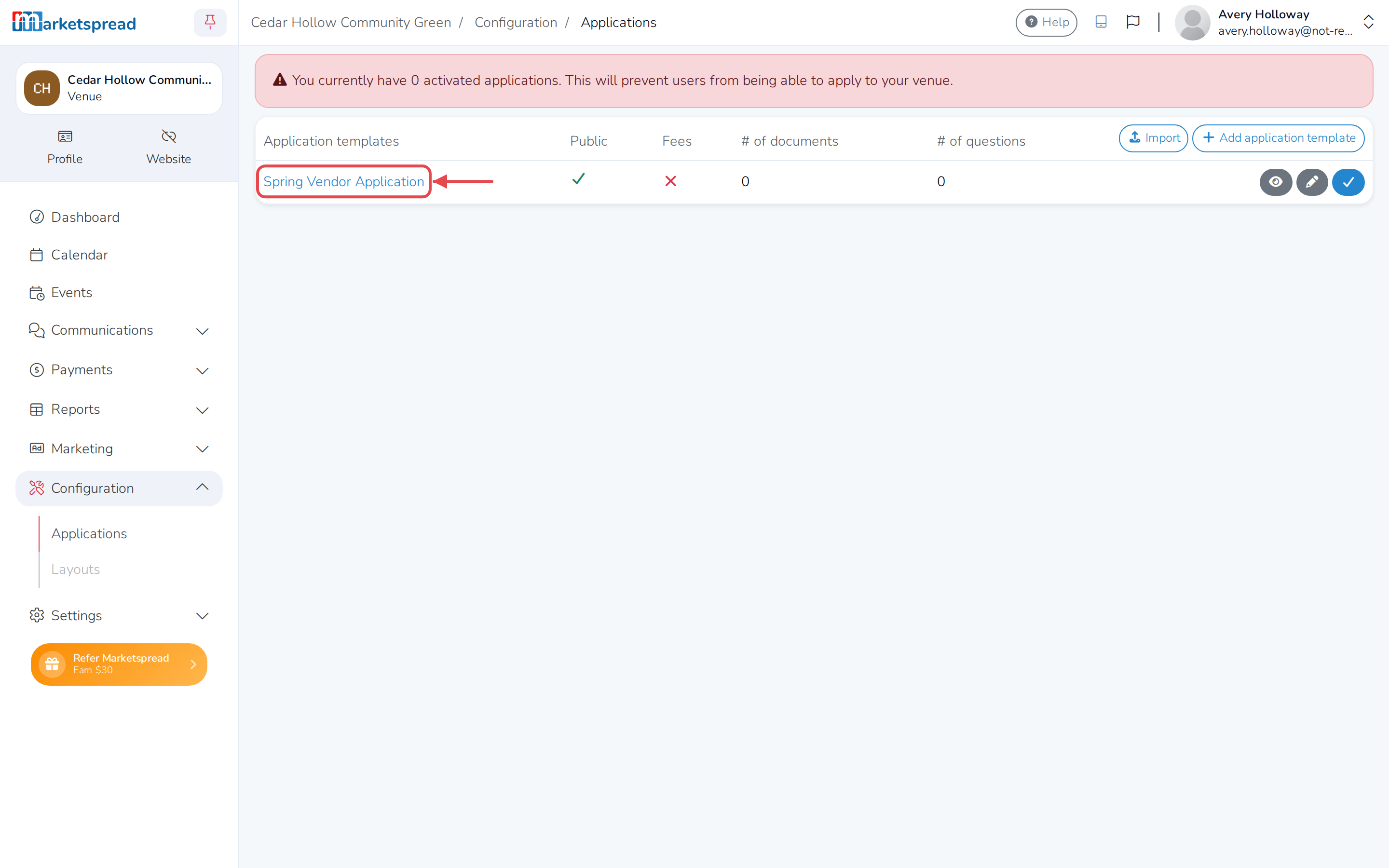 The imported application in the Application templates list, ready to edit