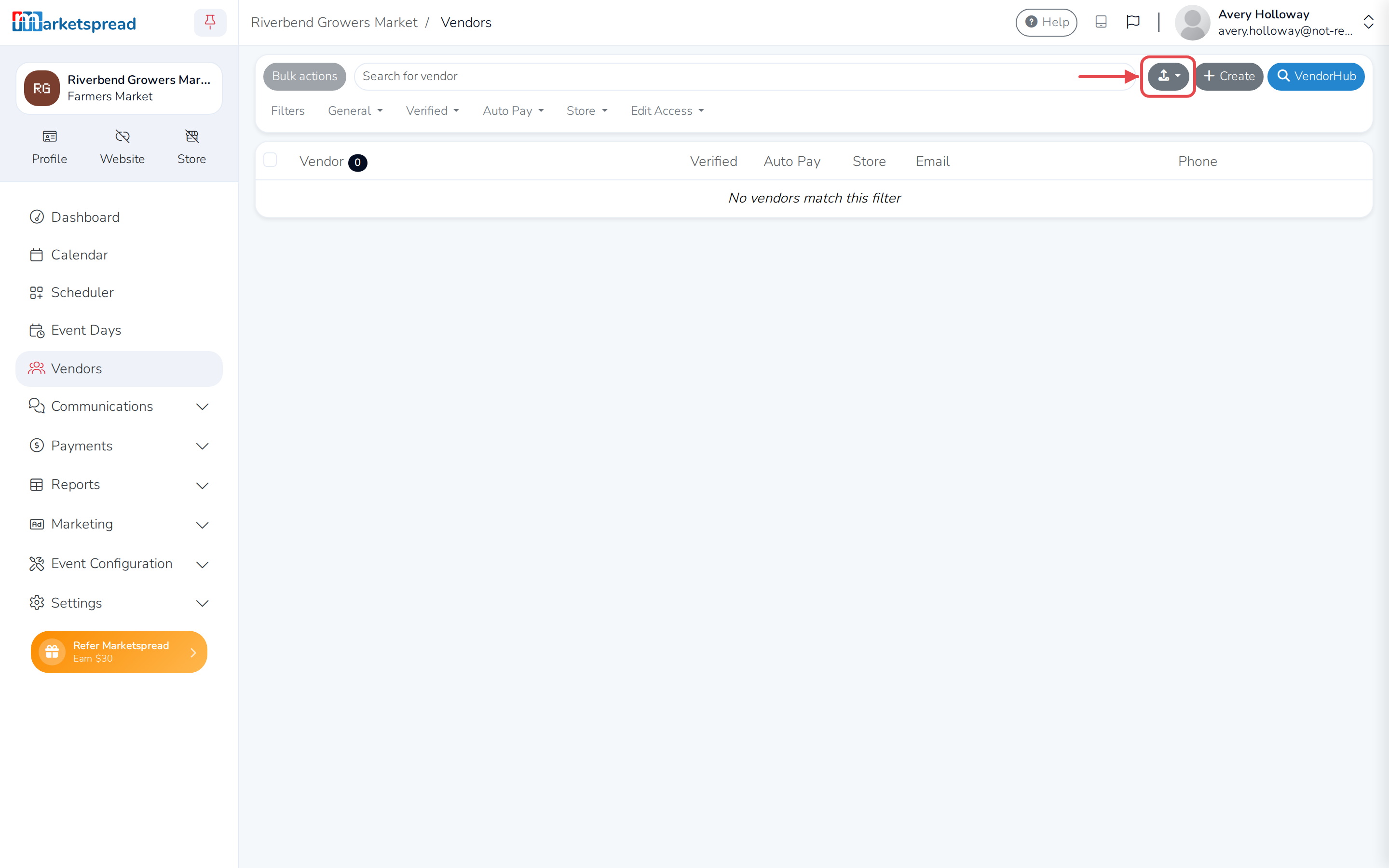 The Vendors page, with Import vendors above the vendor list