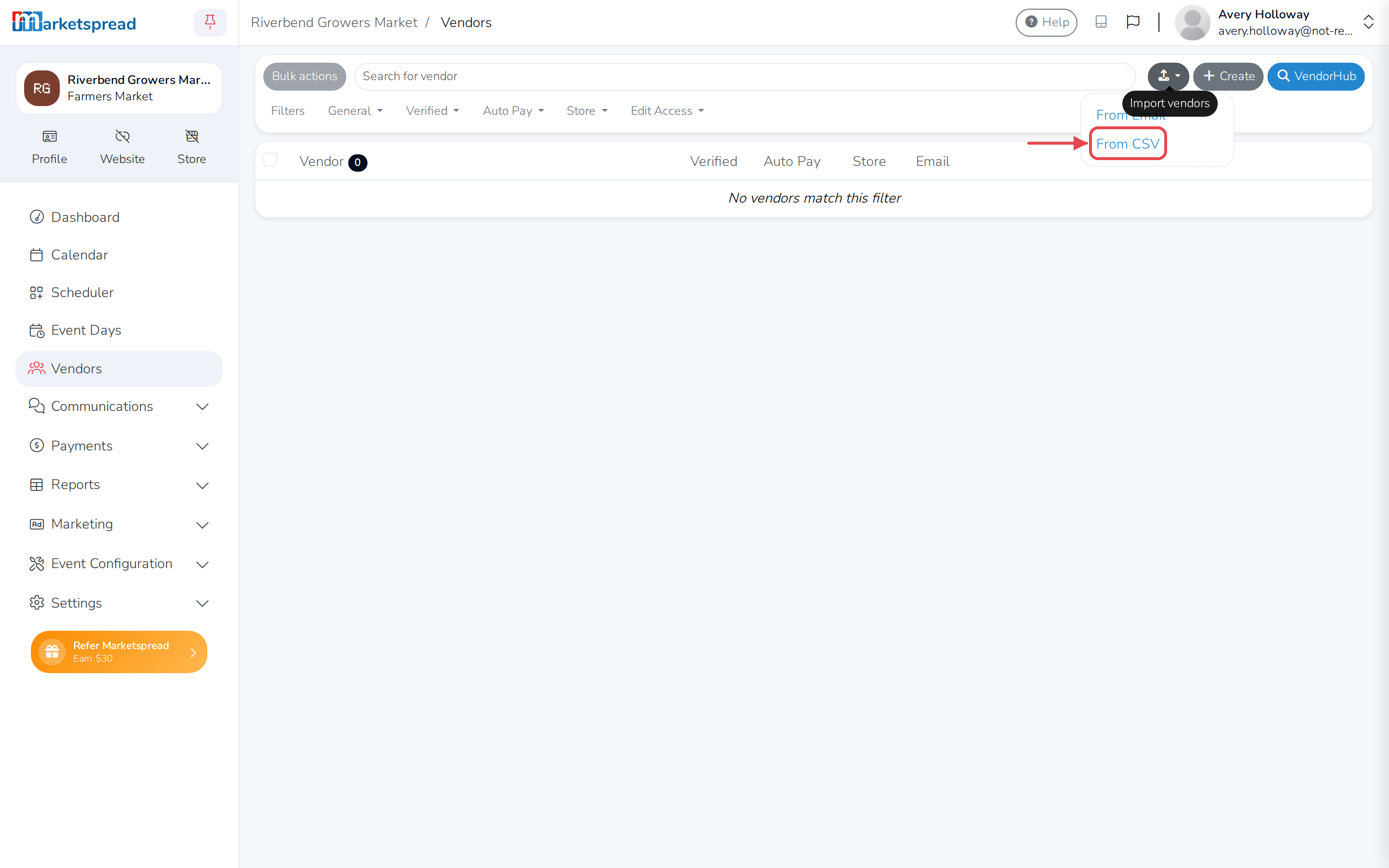 The Import vendors menu, with From CSV