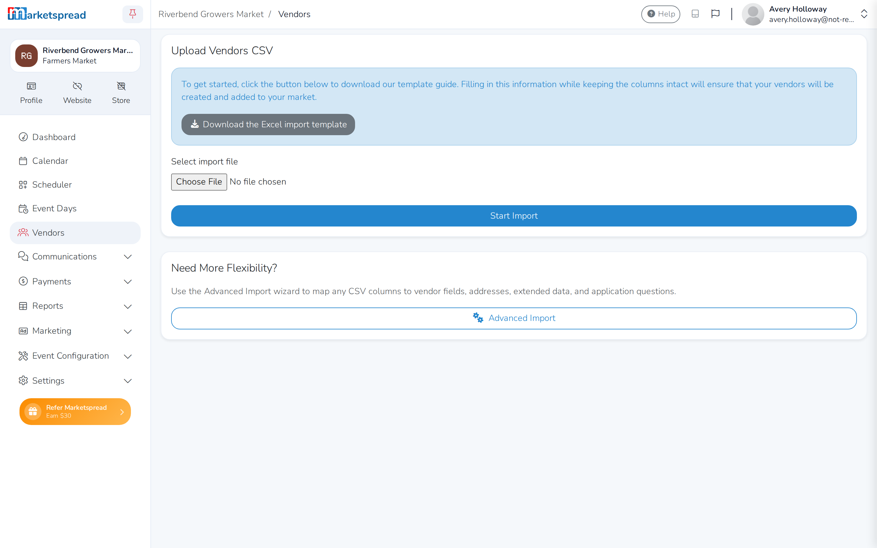 The CSV import screen, with the template download, Select import file and Start Import