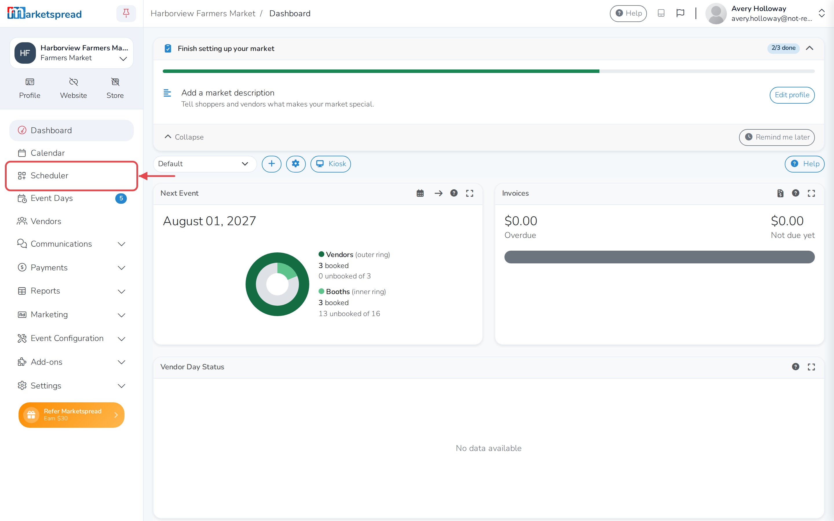 The market dashboard, with Scheduler highlighted in the left-hand navigation