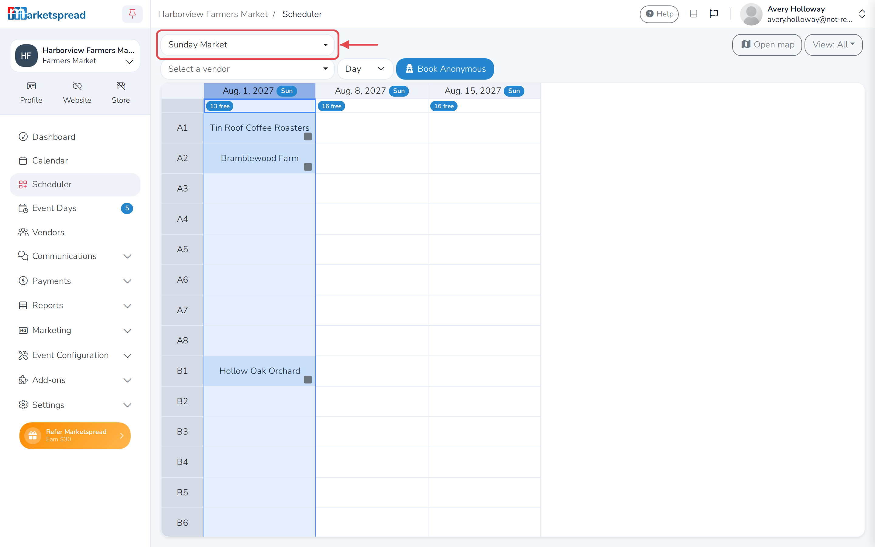 Scheduler open to the Sunday Market event, with the event dropdown at the top