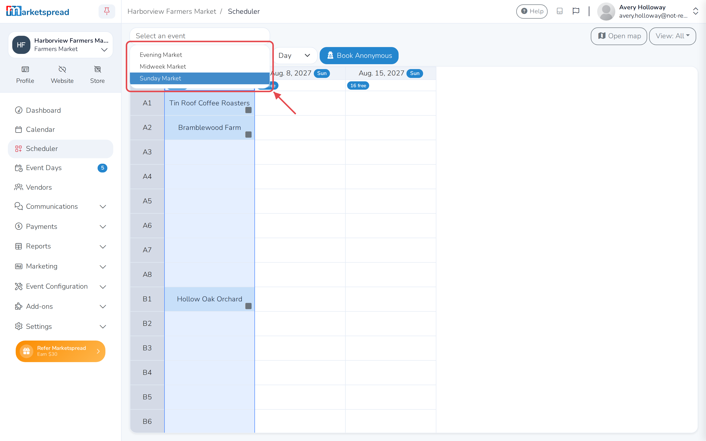 The event dropdown open, ready to search for and pick a different event