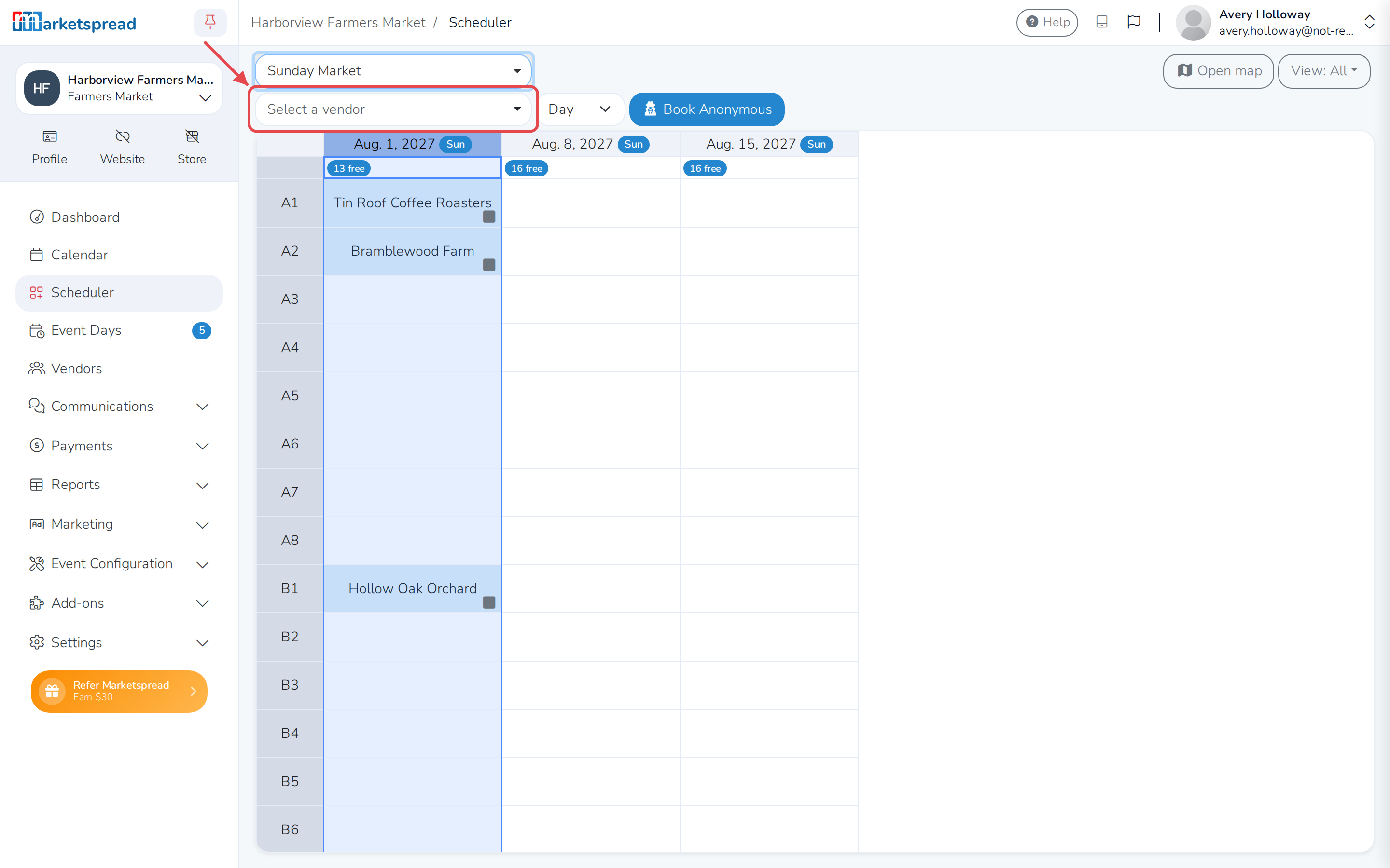 Scheduler's vendor picker, ready to search for and select a vendor
