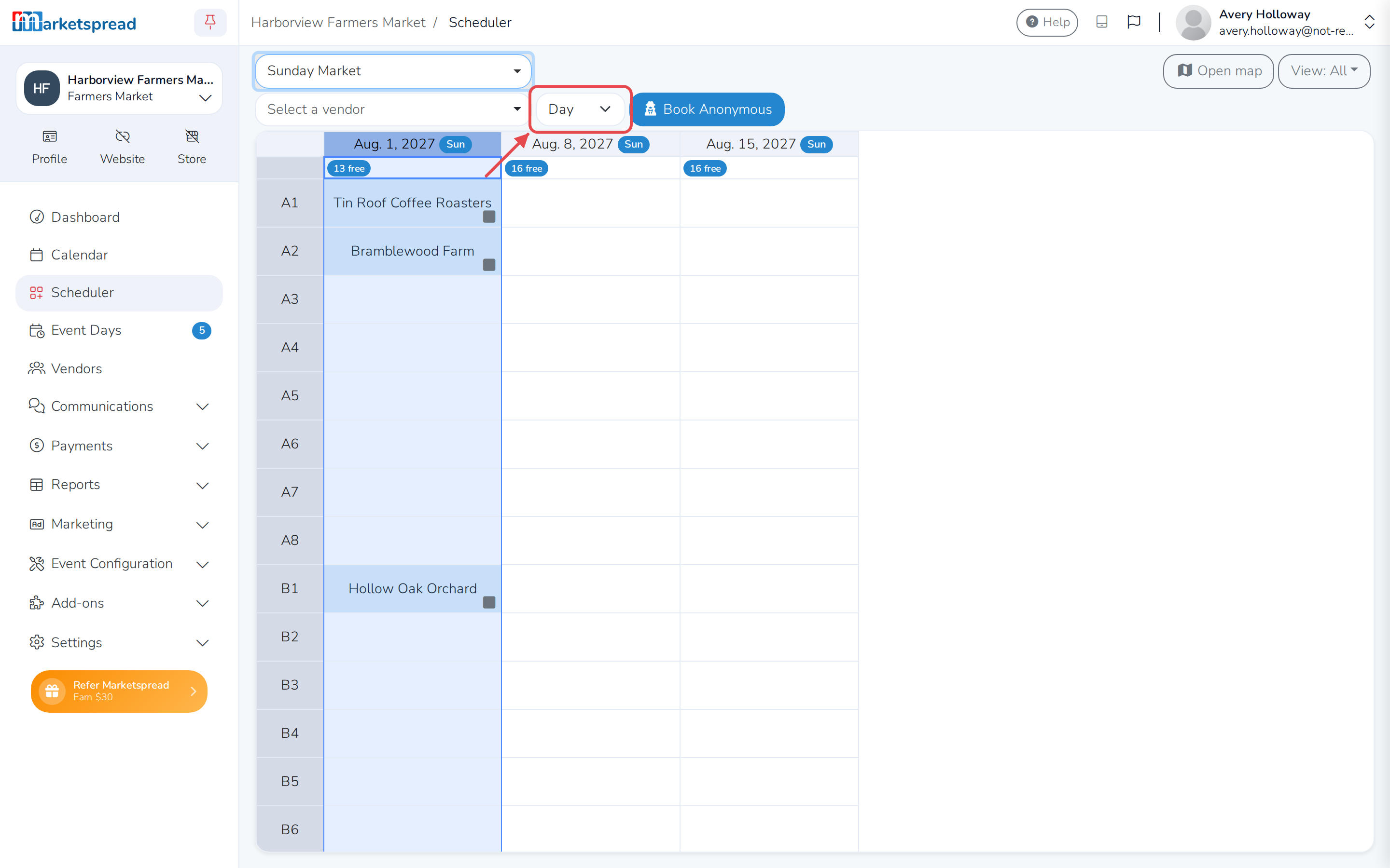 Scheduler's term picker, showing Day