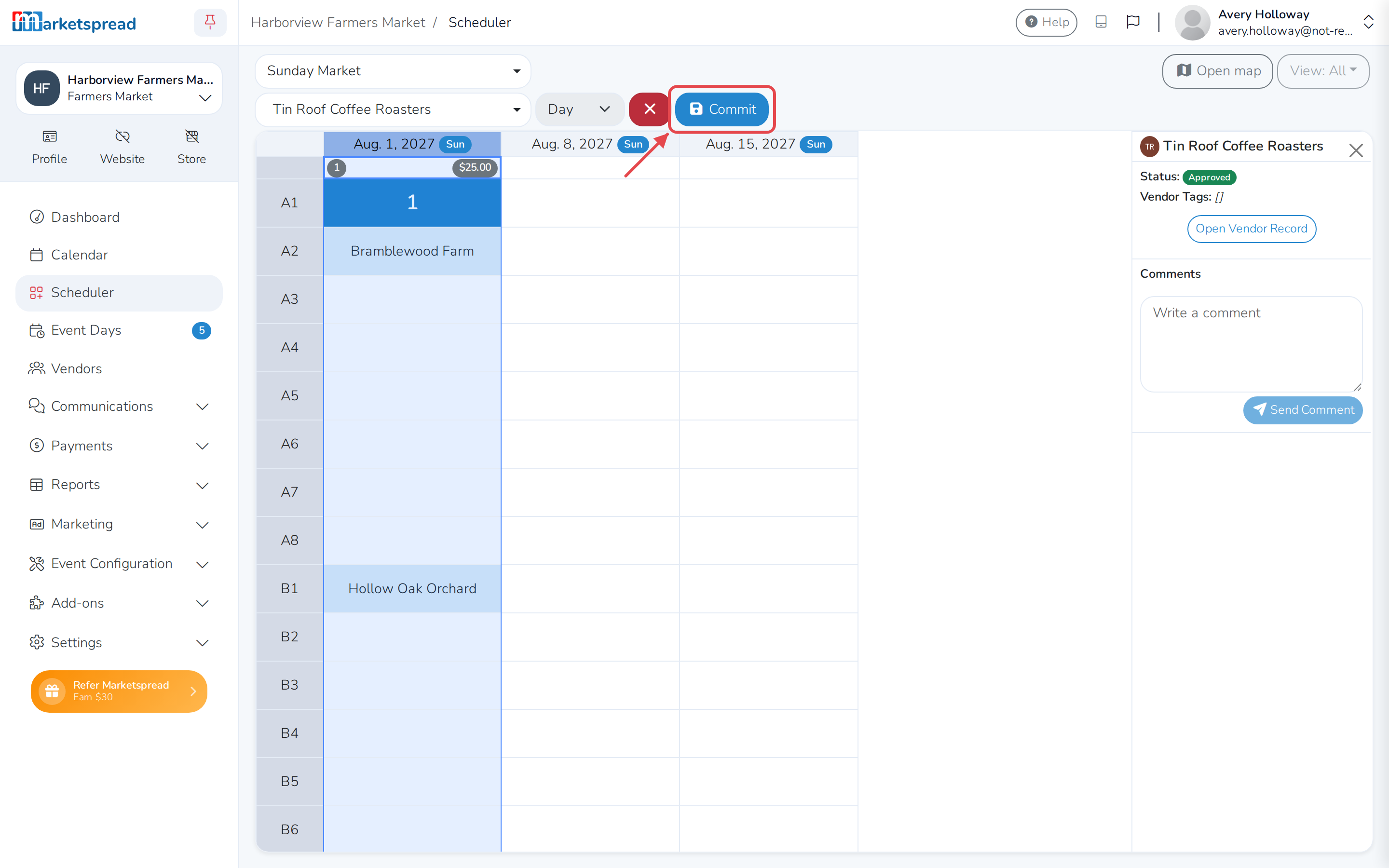 The Commit button, shown while editing a vendor's booth assignments