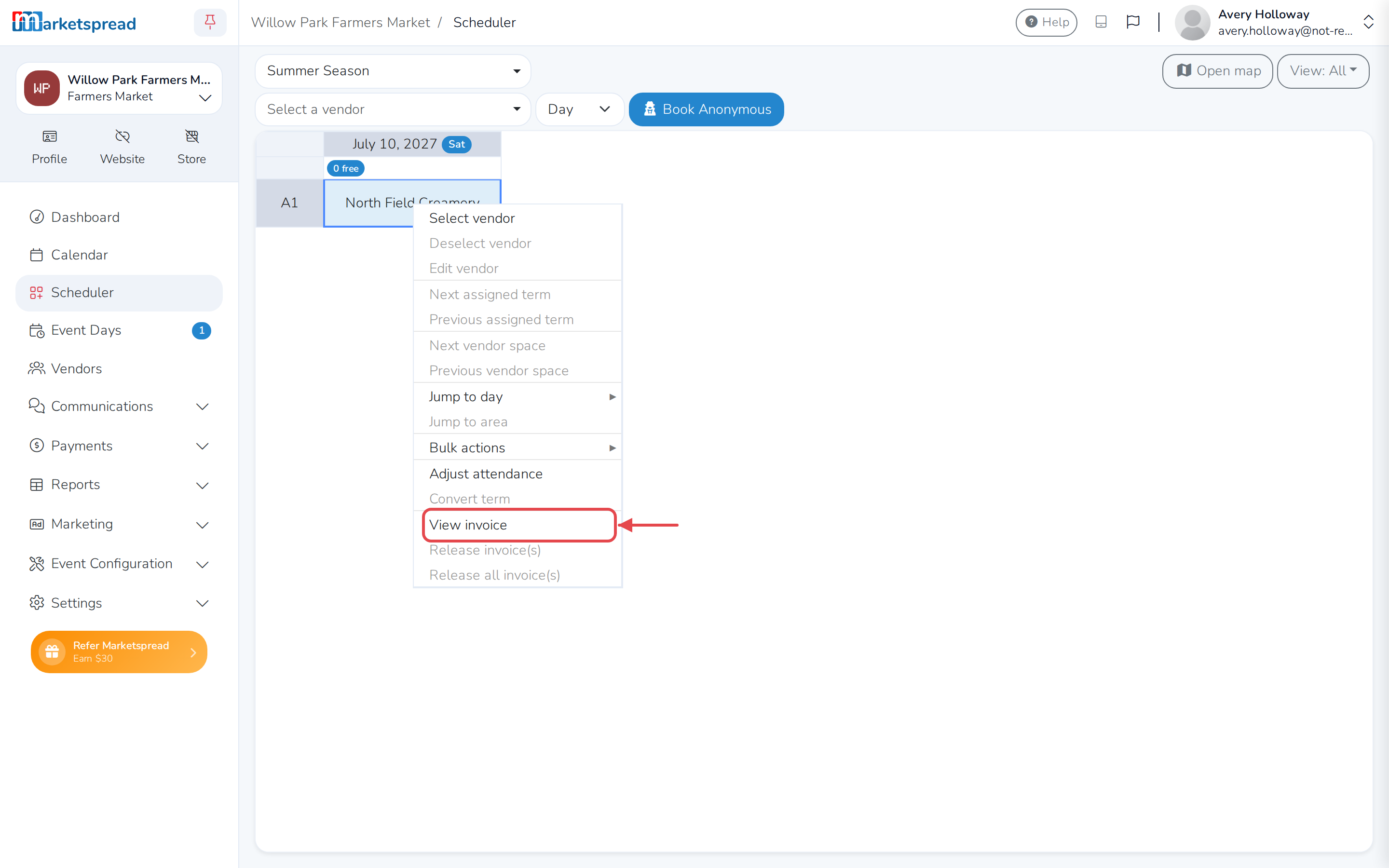 The Scheduler grid, right-clicking a booked day, with View invoice on the menu