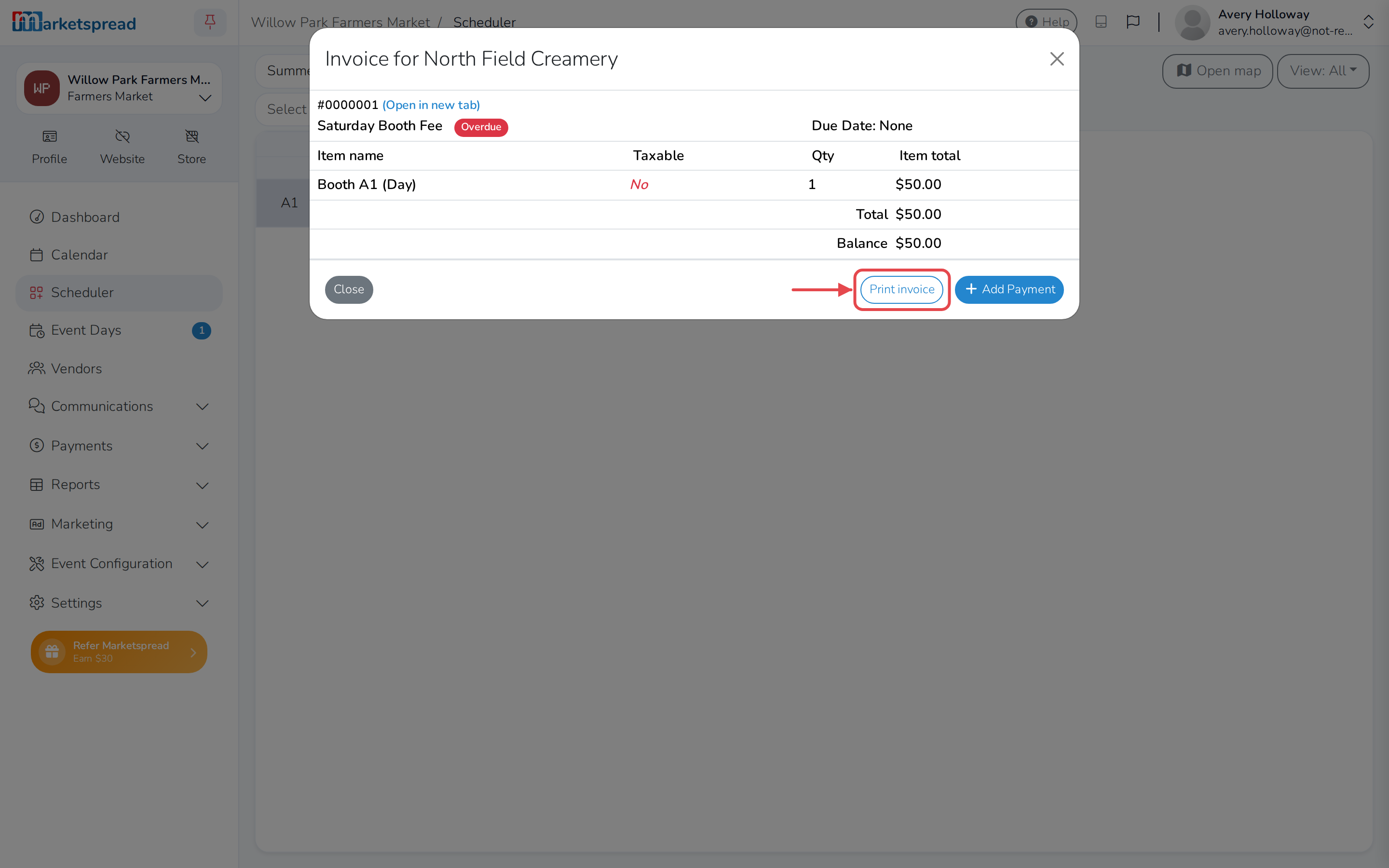 The invoice opened from Scheduler, with Print invoice at the bottom