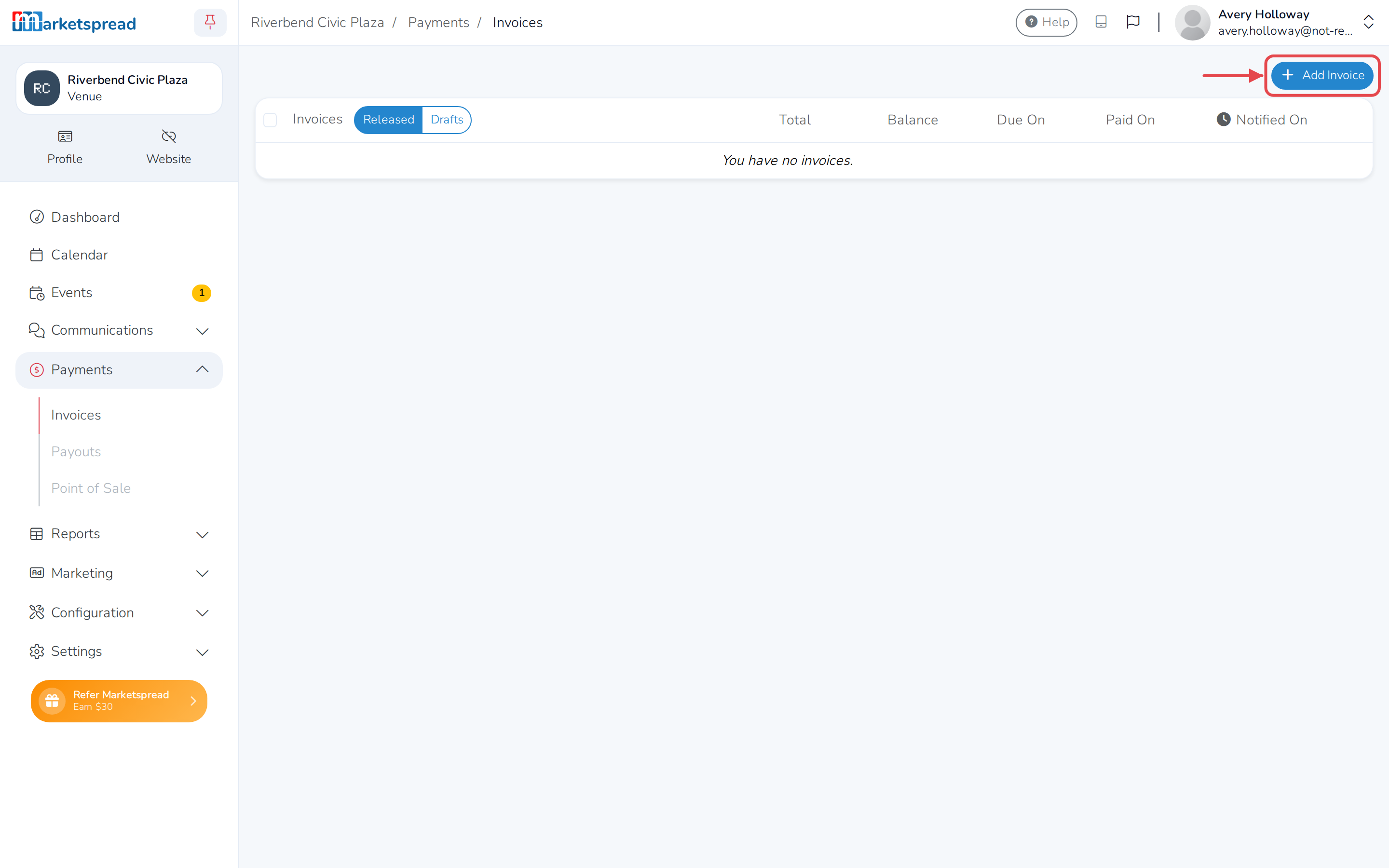 The venue's Invoices page, under Payments in the left-hand menu, with the Add Invoice button