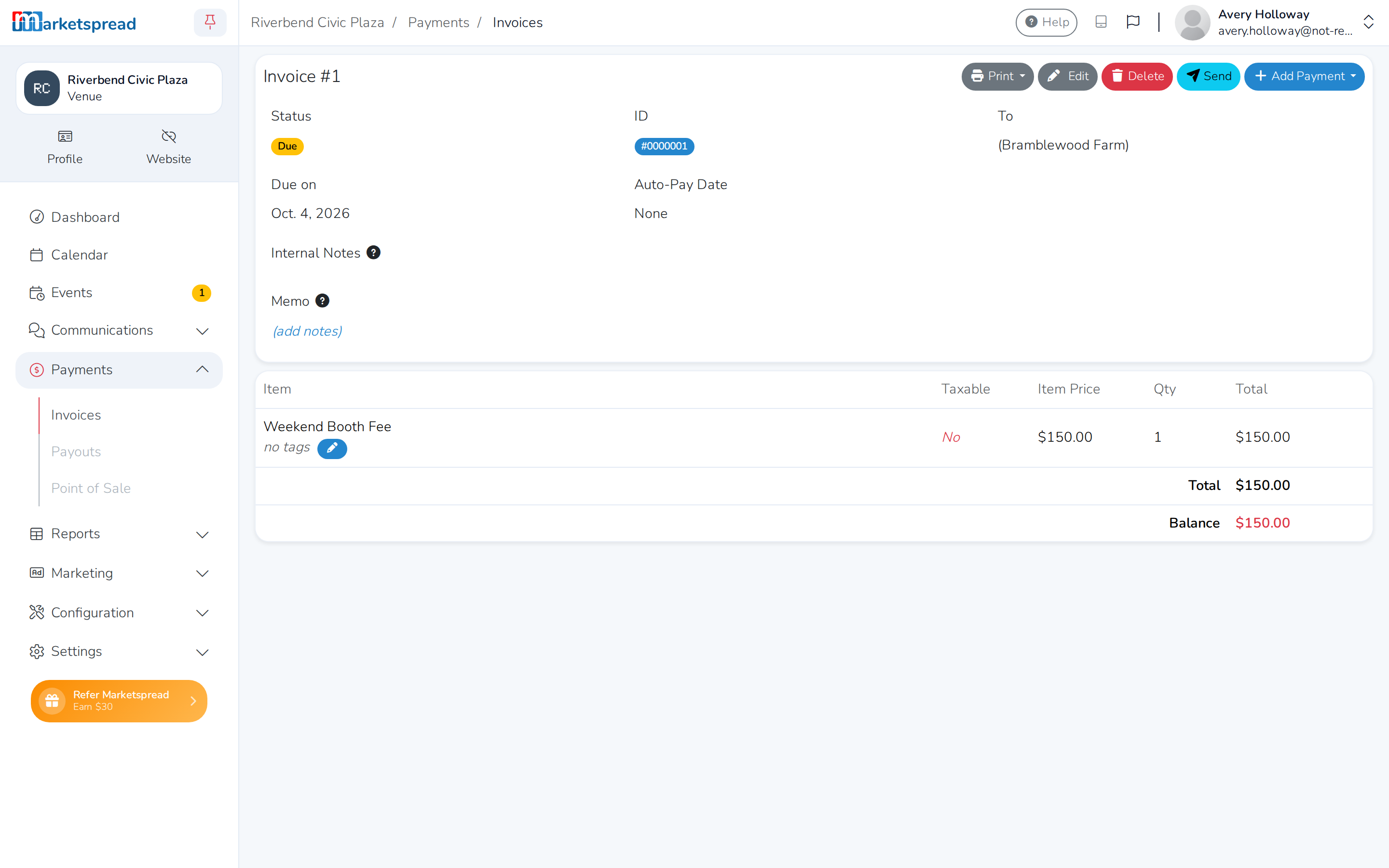 The invoice's Status, Total and Balance once it's created and sent