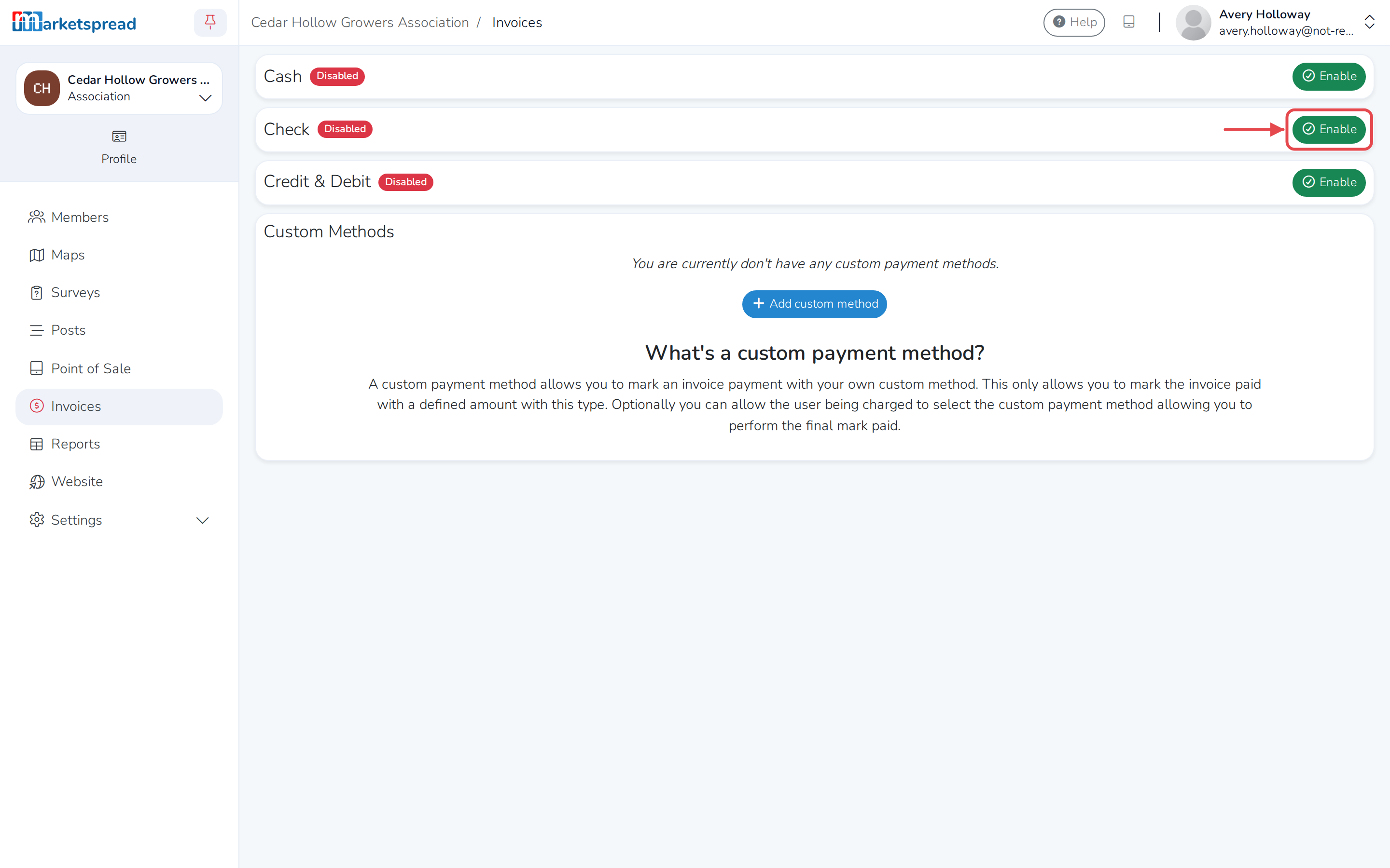 The Payment methods screen, with Enable next to Check