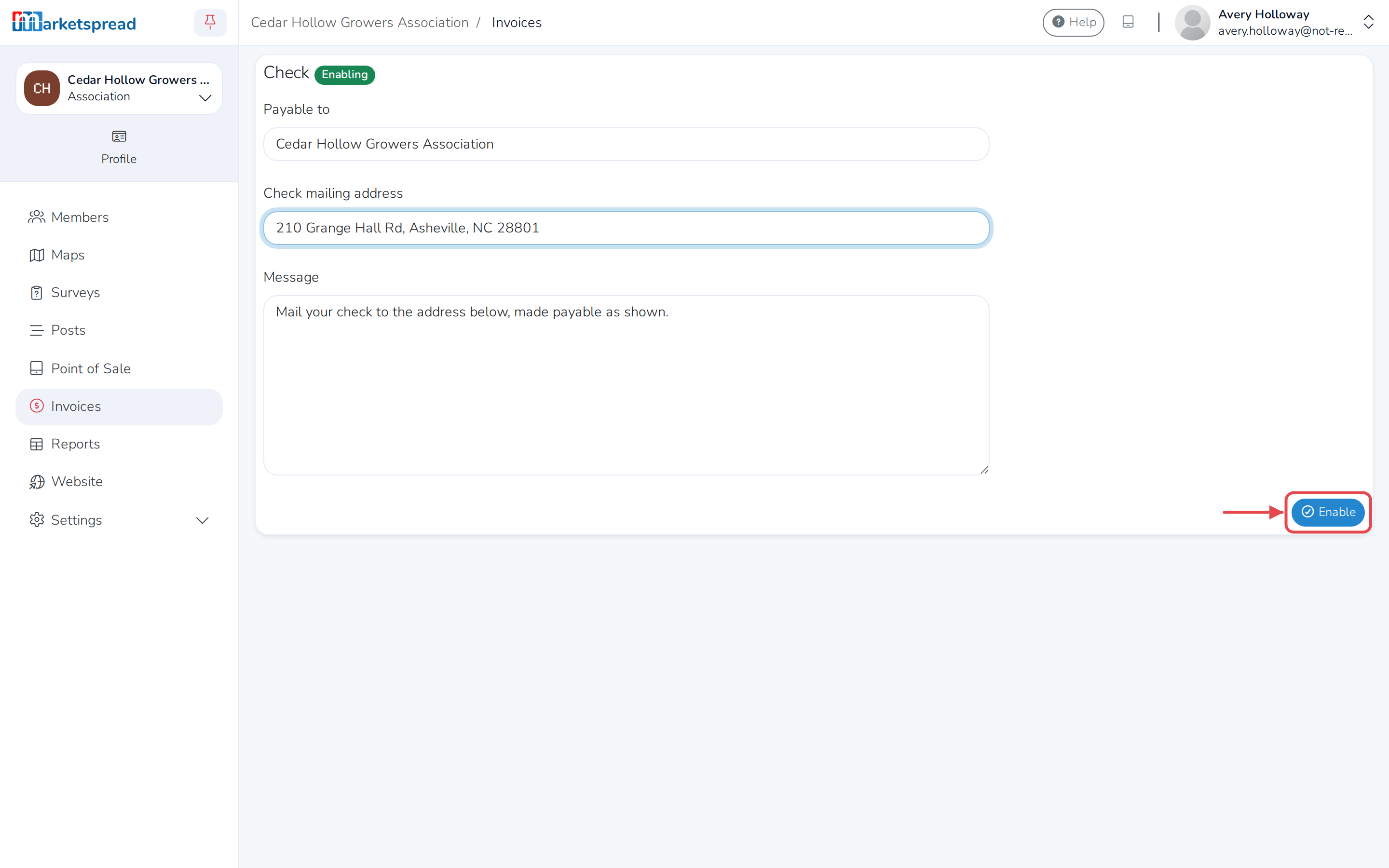 The Check payment method, filled in and ready to enable