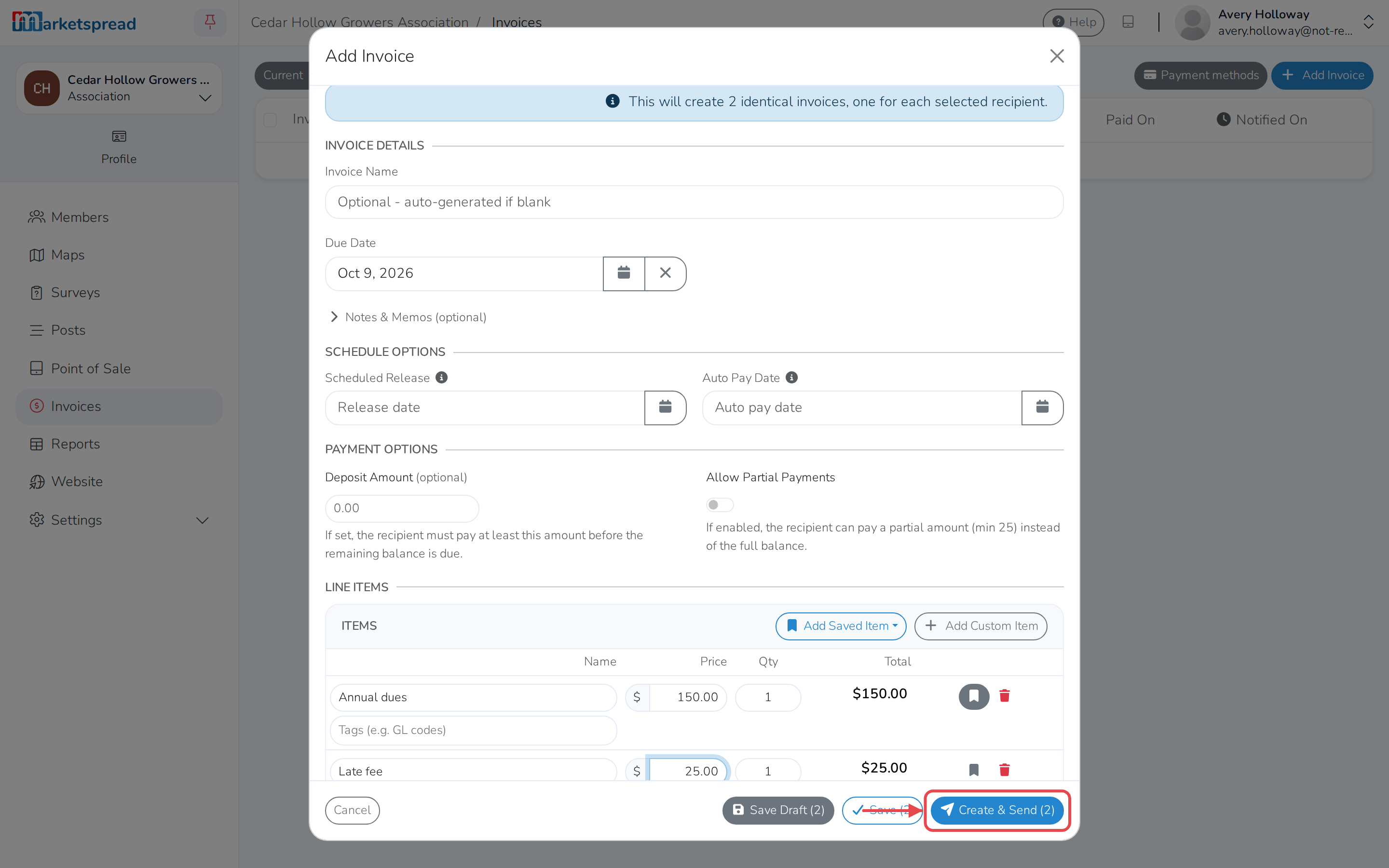 The Add Invoice form, with two line items entered and Create & Send highlighted