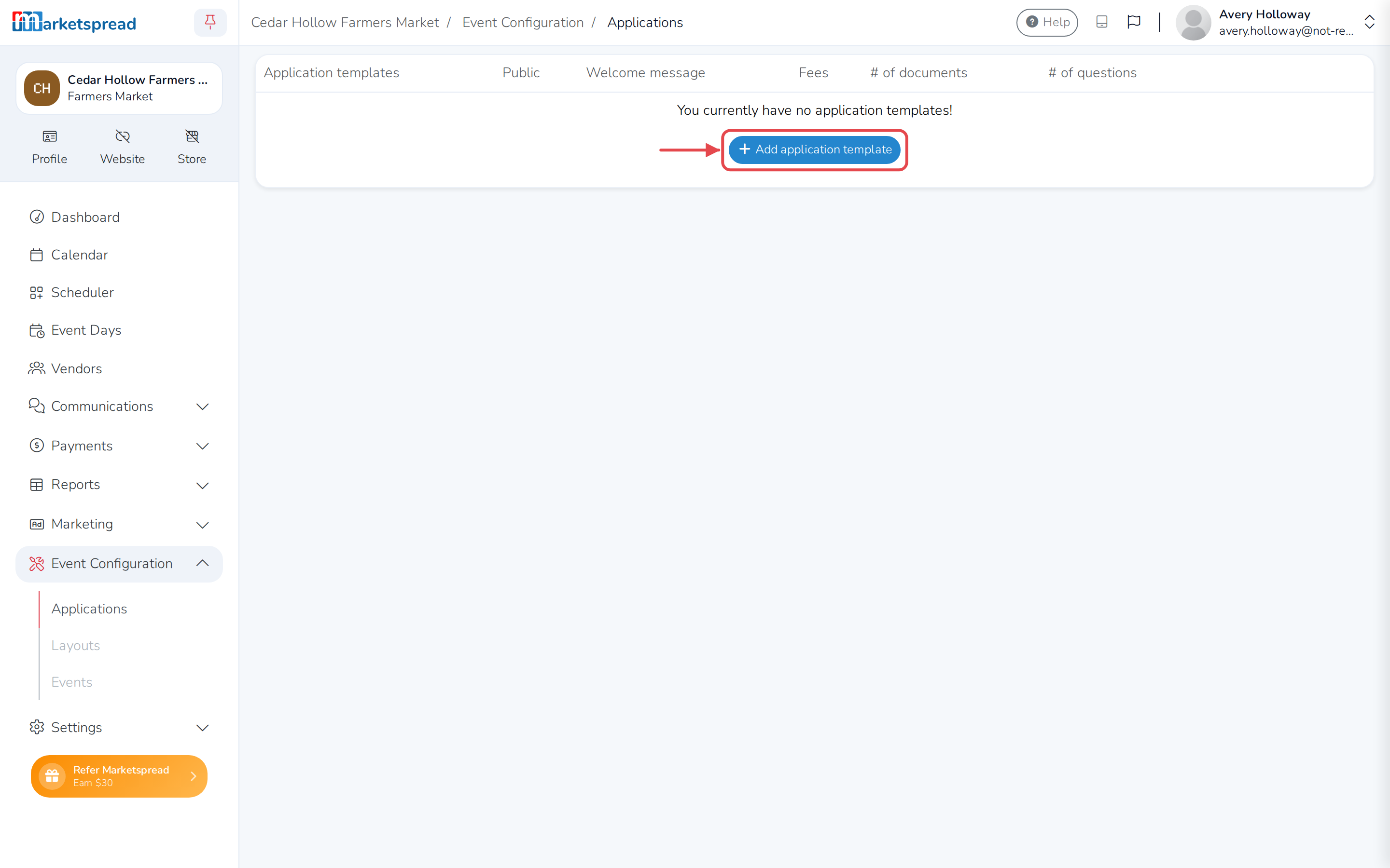 The Applications page, reached through Event Configuration, before any application exists
