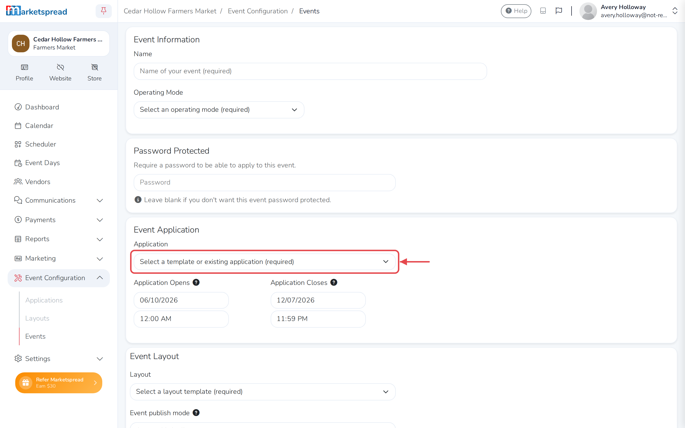 The event form, with the Application field — a template or an existing application to choose from