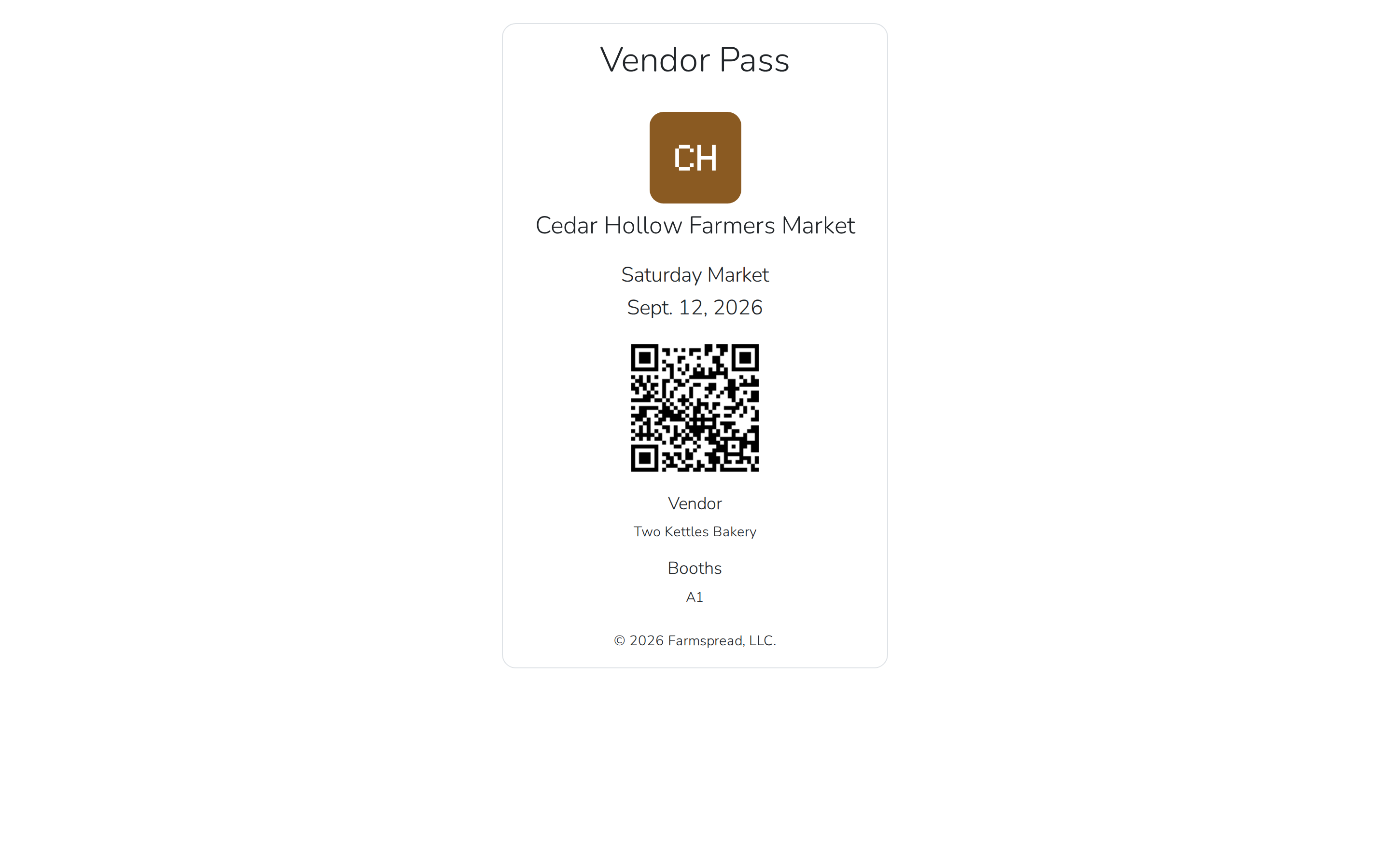 Your vendor pass, with the Booths line where your assigned booth appears