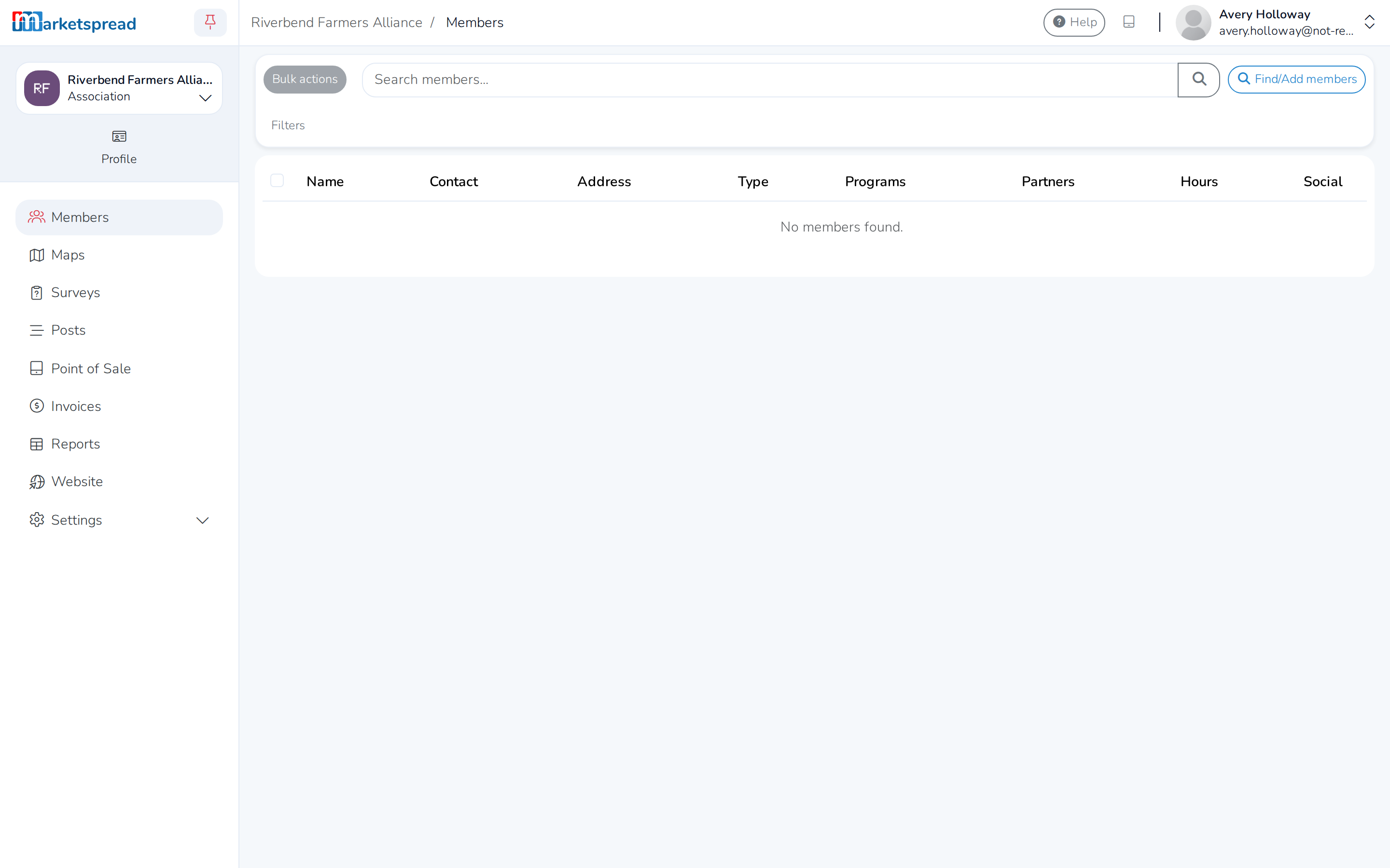 The association dashboard, which opens on the Members page