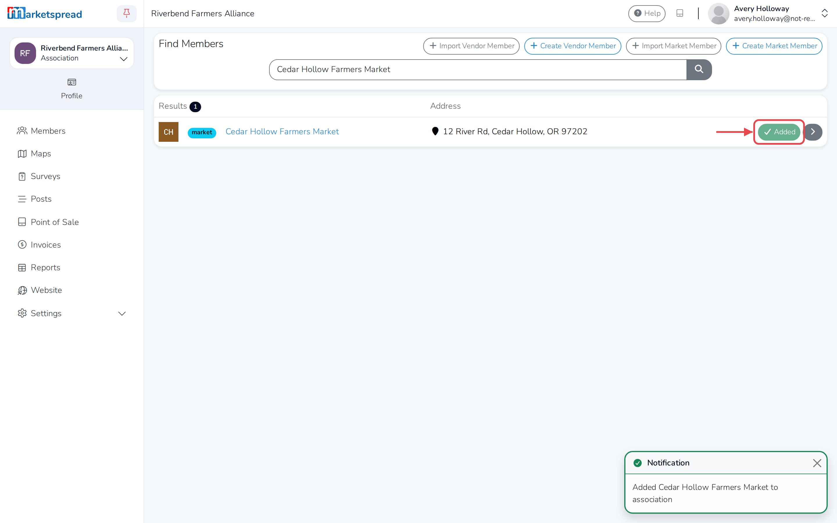 The button changes to a disabled Added once the market joins the association