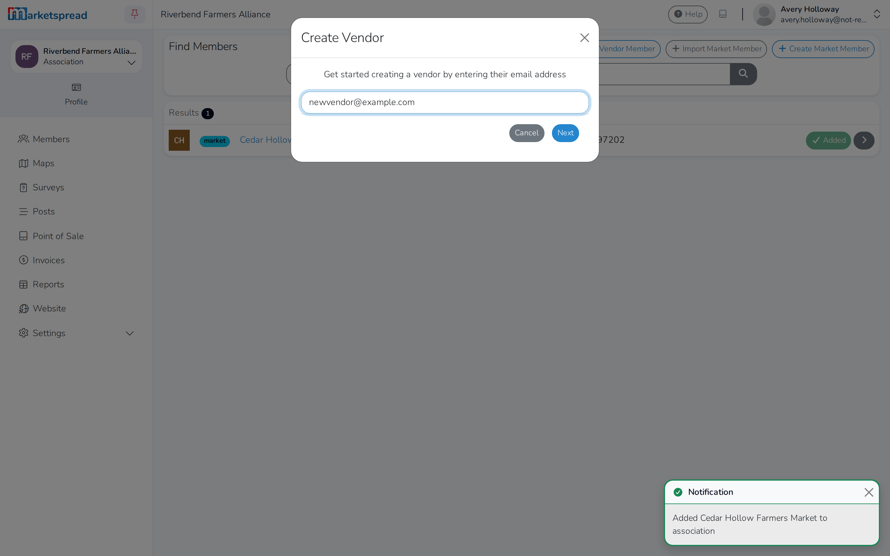 The Create Vendor modal, where you enter the new vendor's email address