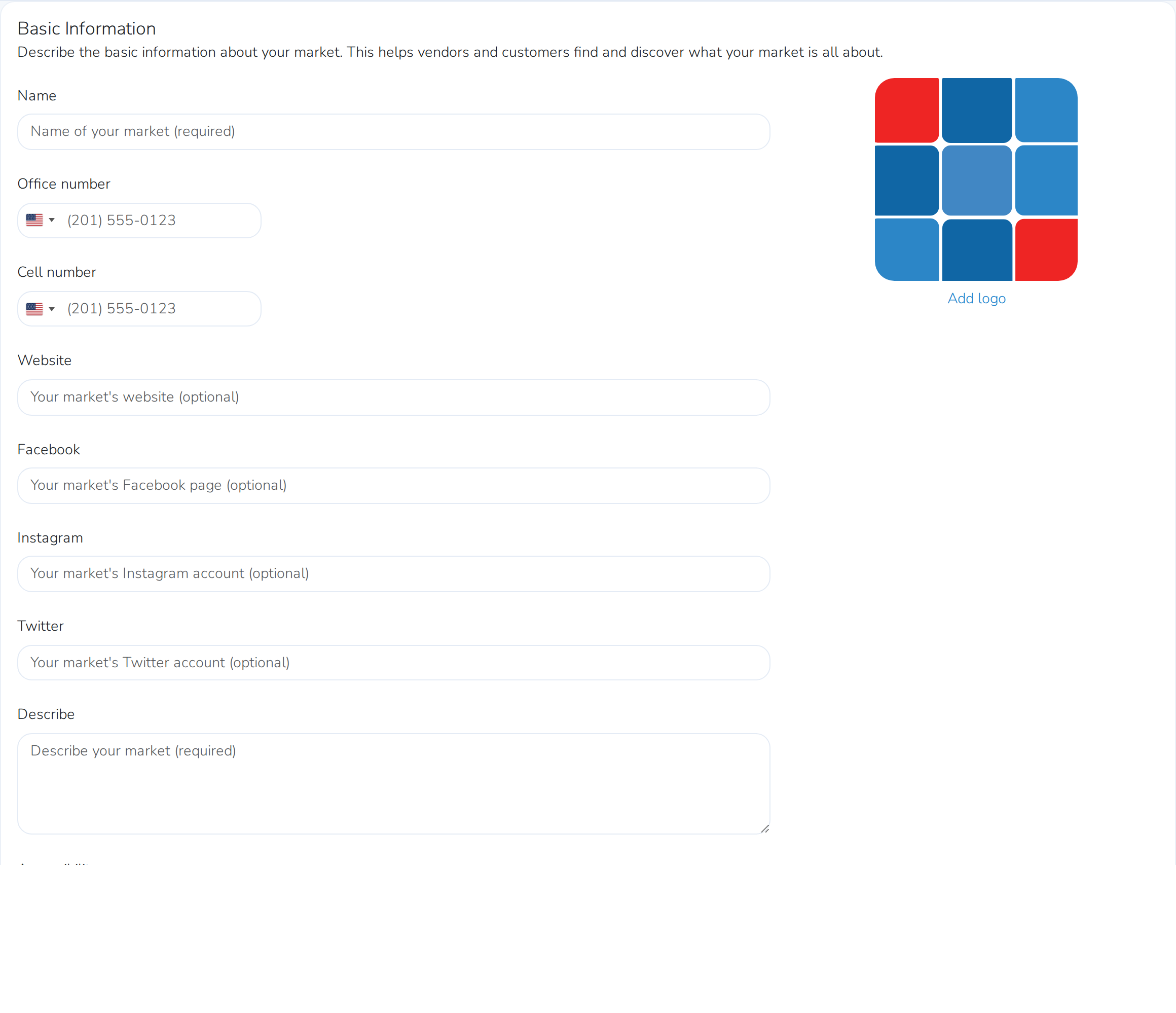 The market creation form's Basic Information section, where you fill in the market's name and contact details