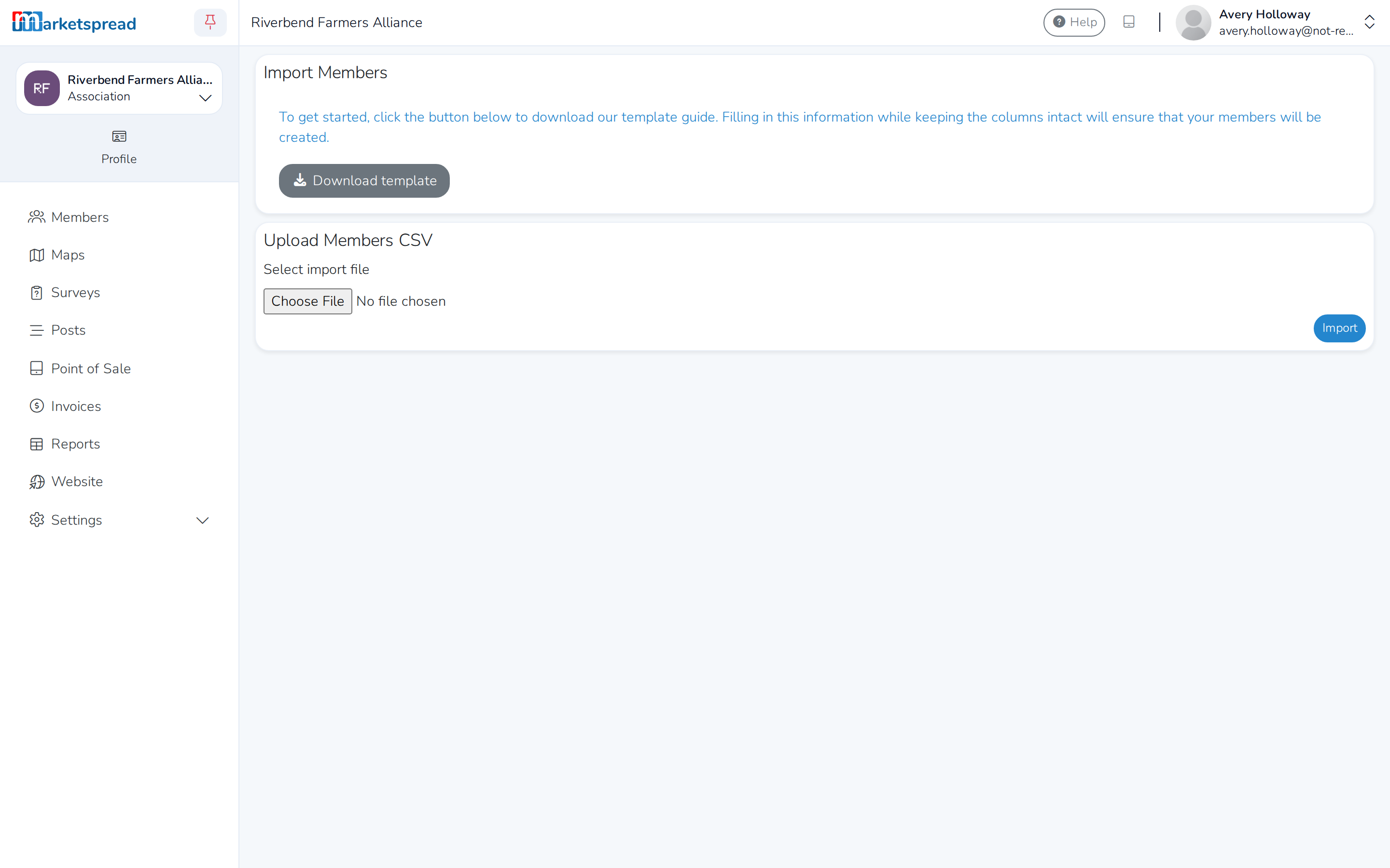 The Import Members page, with the template download and the CSV upload form