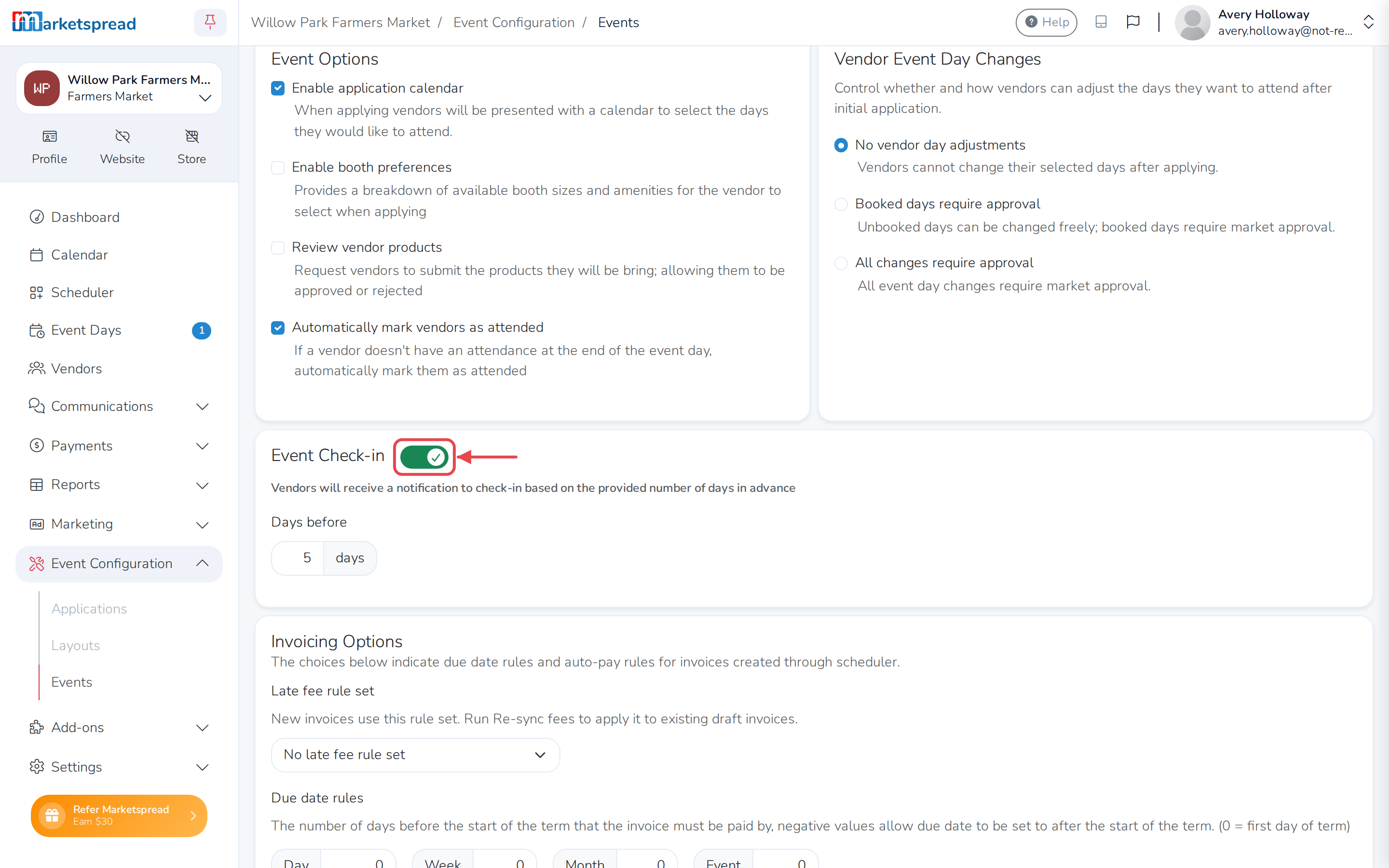 The Basic tab, with Event Check-in turned on and Days before to set, ready to save