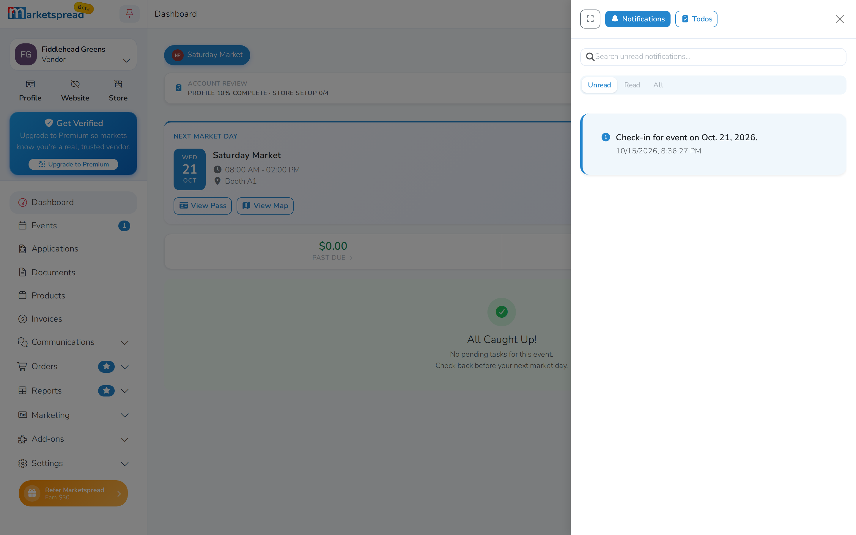 The open notifications panel over a vendor's dashboard, with the request to check in for the event