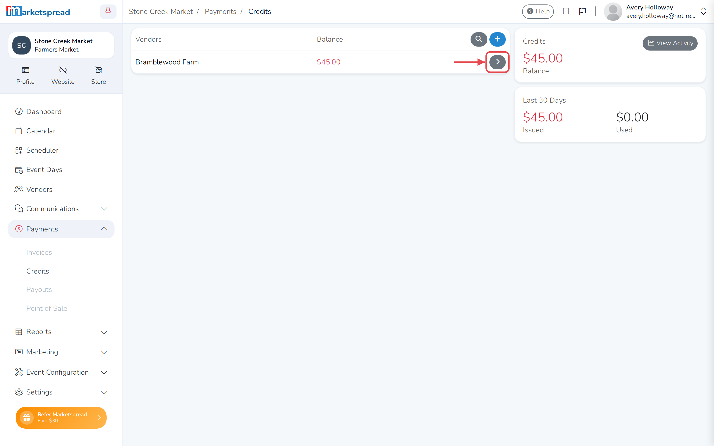 The Credits list, with Bramblewood Farm's balance and the arrow to open their credit history
