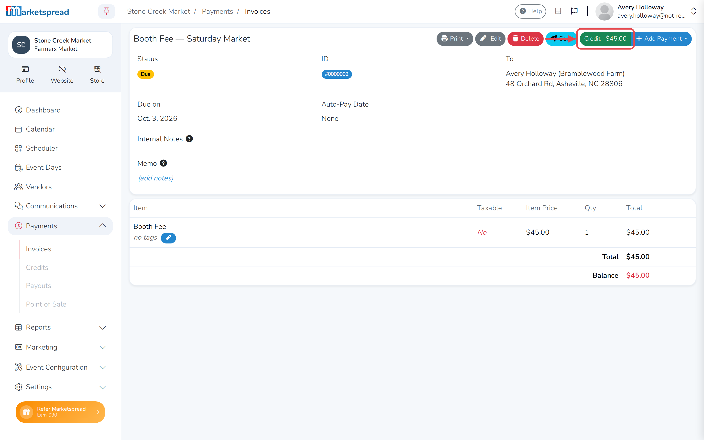 The vendor's invoice, with the green Credit button to apply their balance